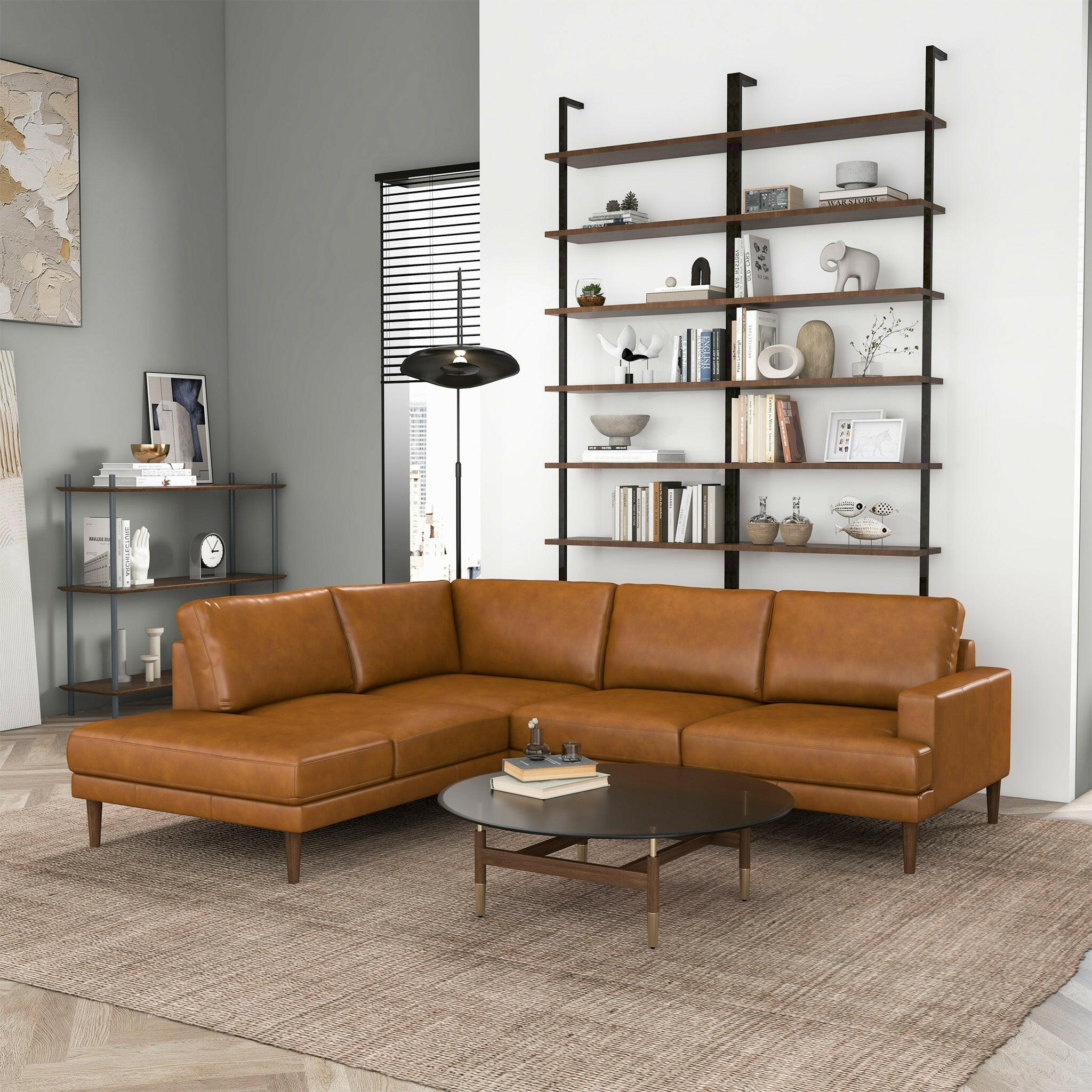 Corbin Left-Facing Tan Leather Sectional Sofa.