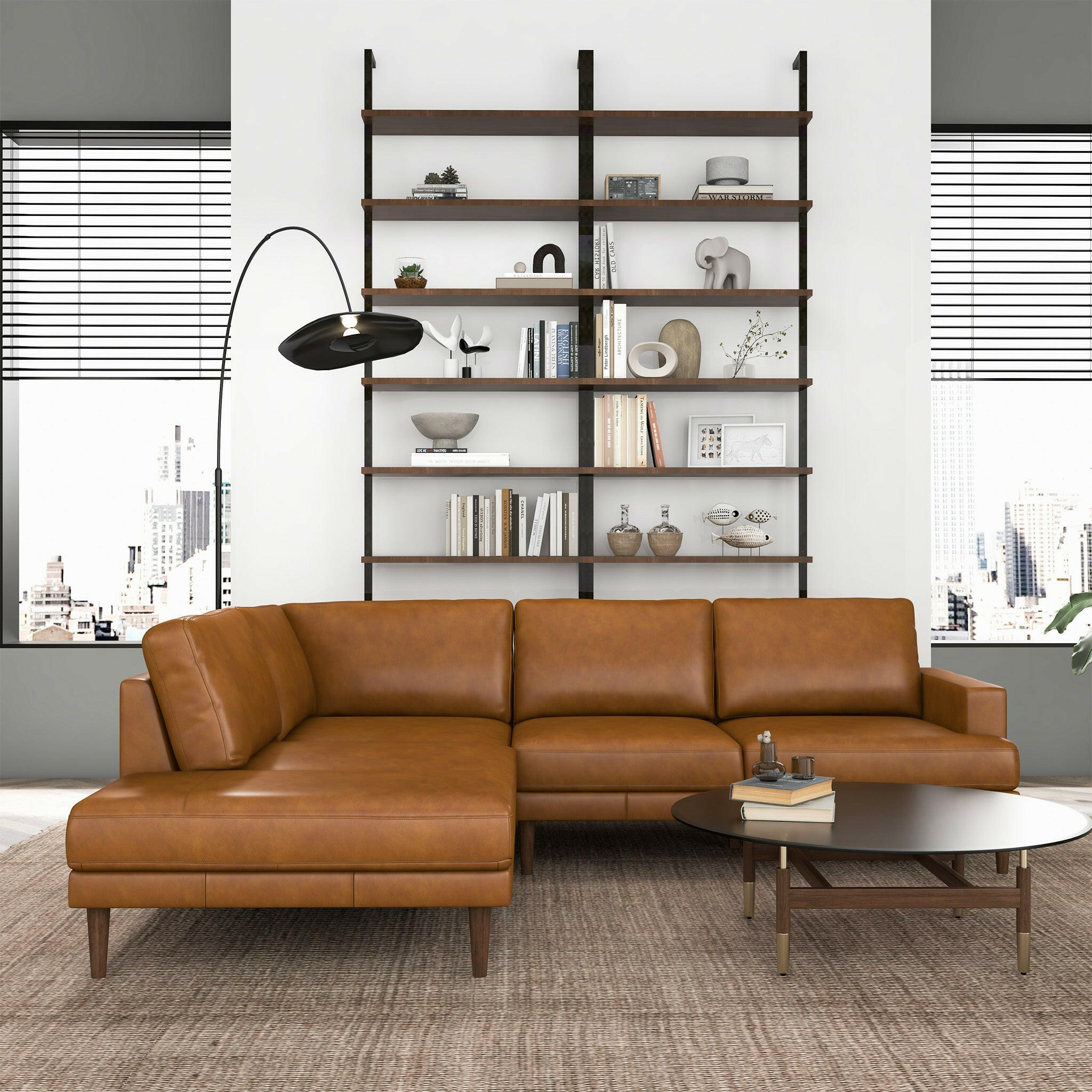 Corbin Left-Facing Tan Leather Sectional Sofa.