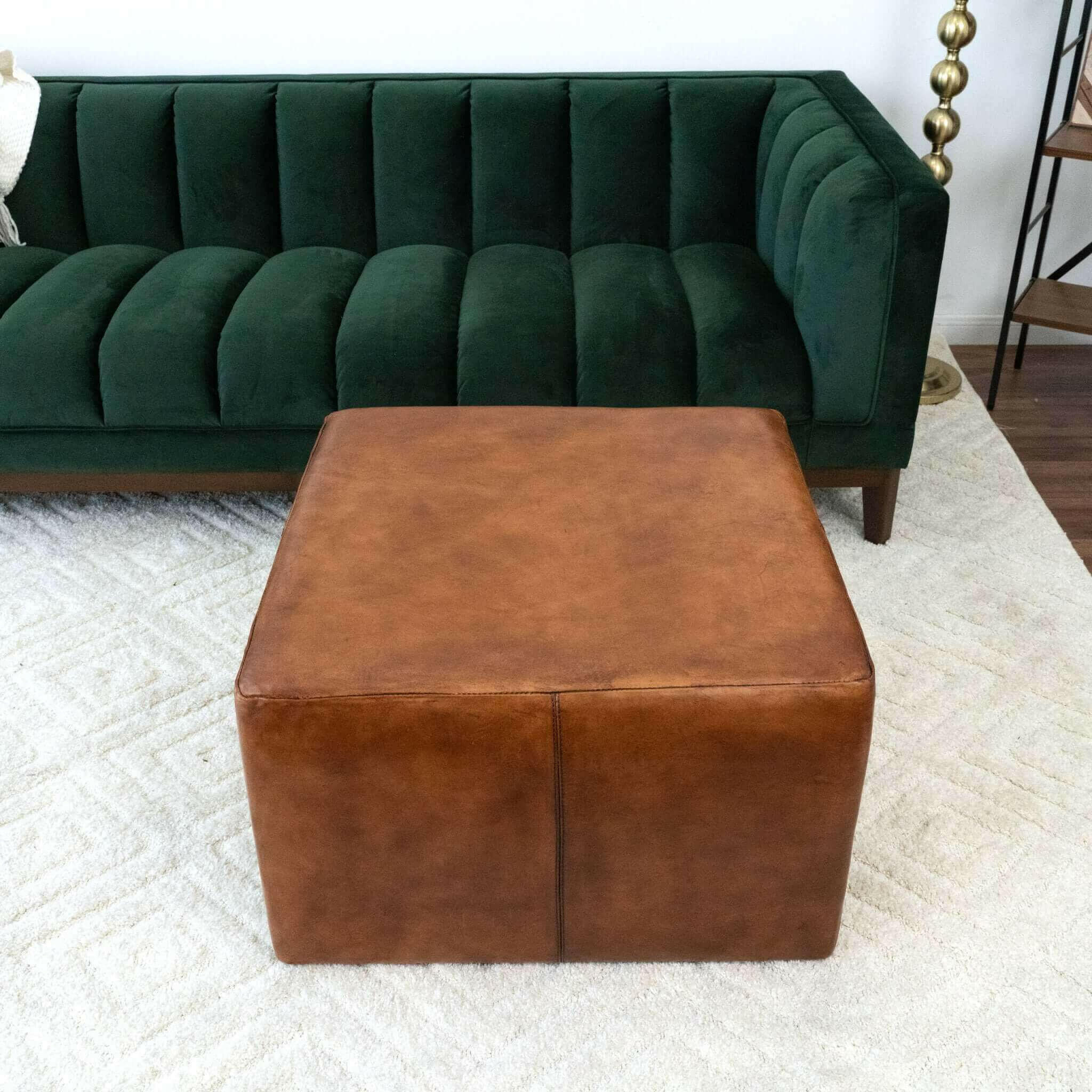 Mallory Mid-Century Square Genuine Leather Upholstered Ottoman In Tan 27.5".