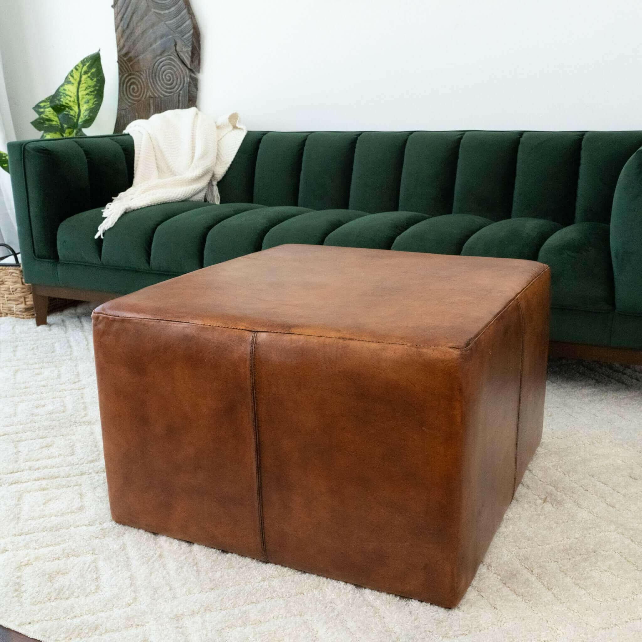 Mallory Mid-Century Square Genuine Leather Upholstered Ottoman In Tan 27.5".