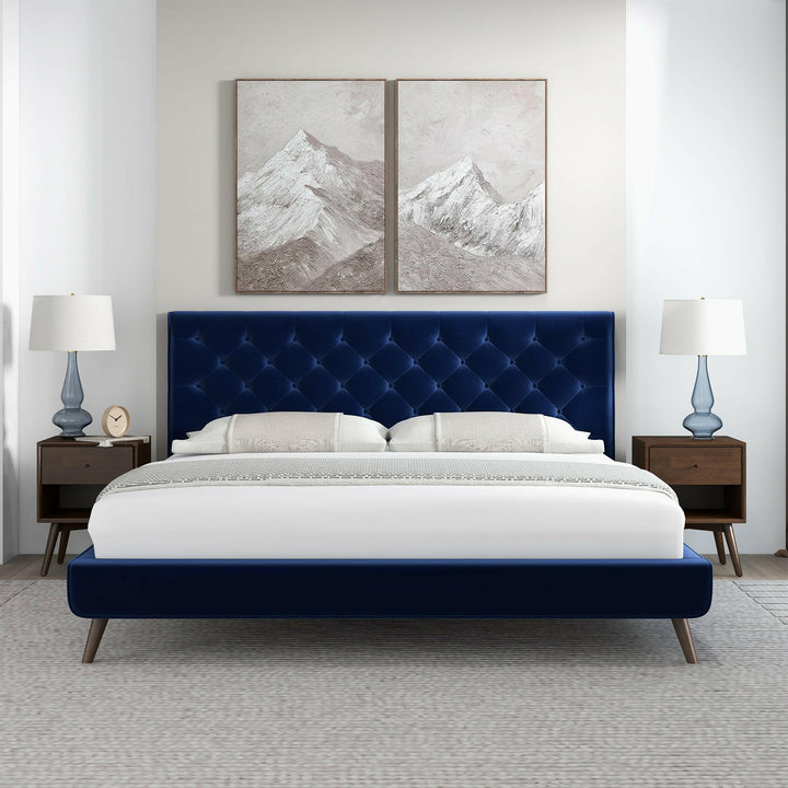 Dillon Blue Velvet King Platform Bed.