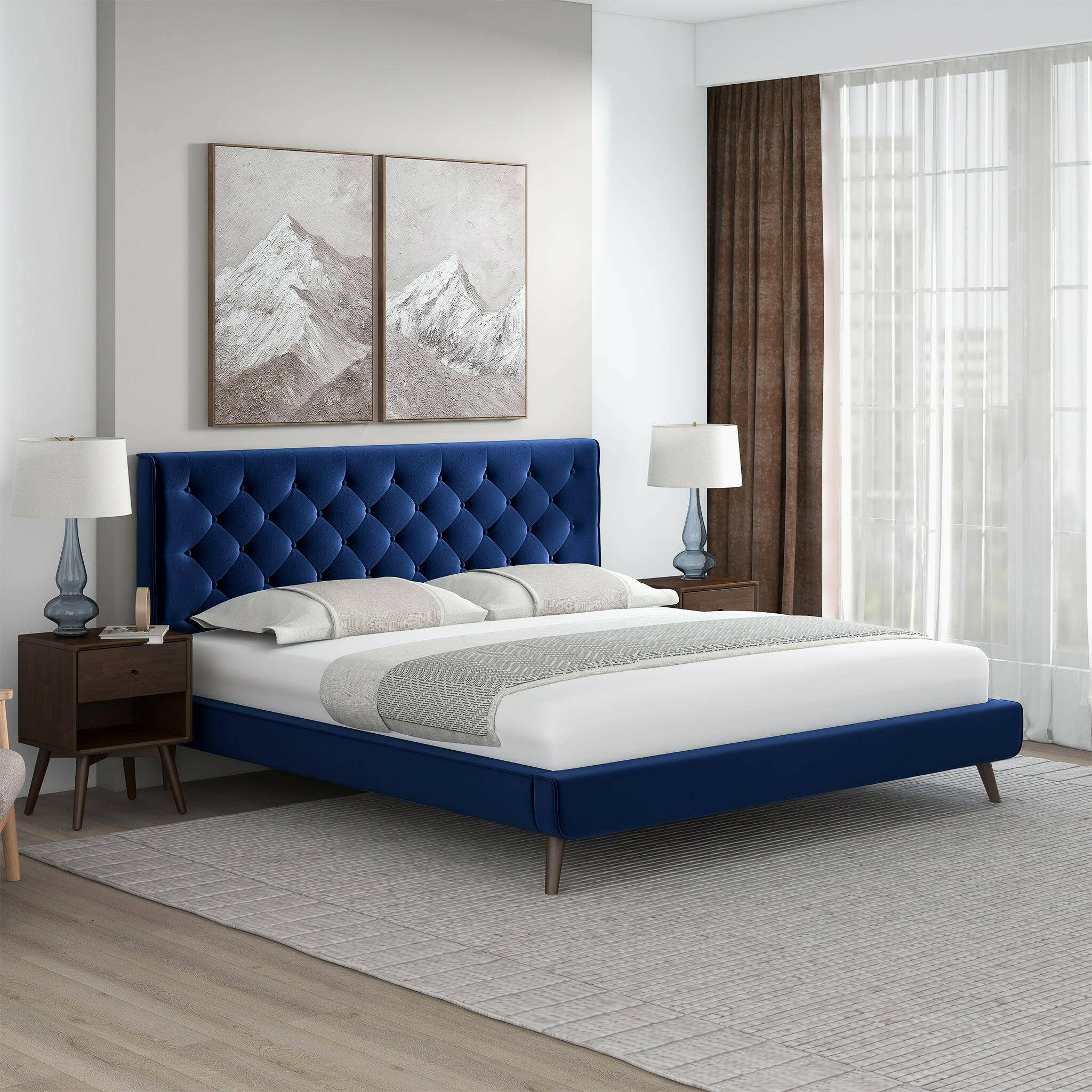 Dillon Blue Velvet King Platform Bed.