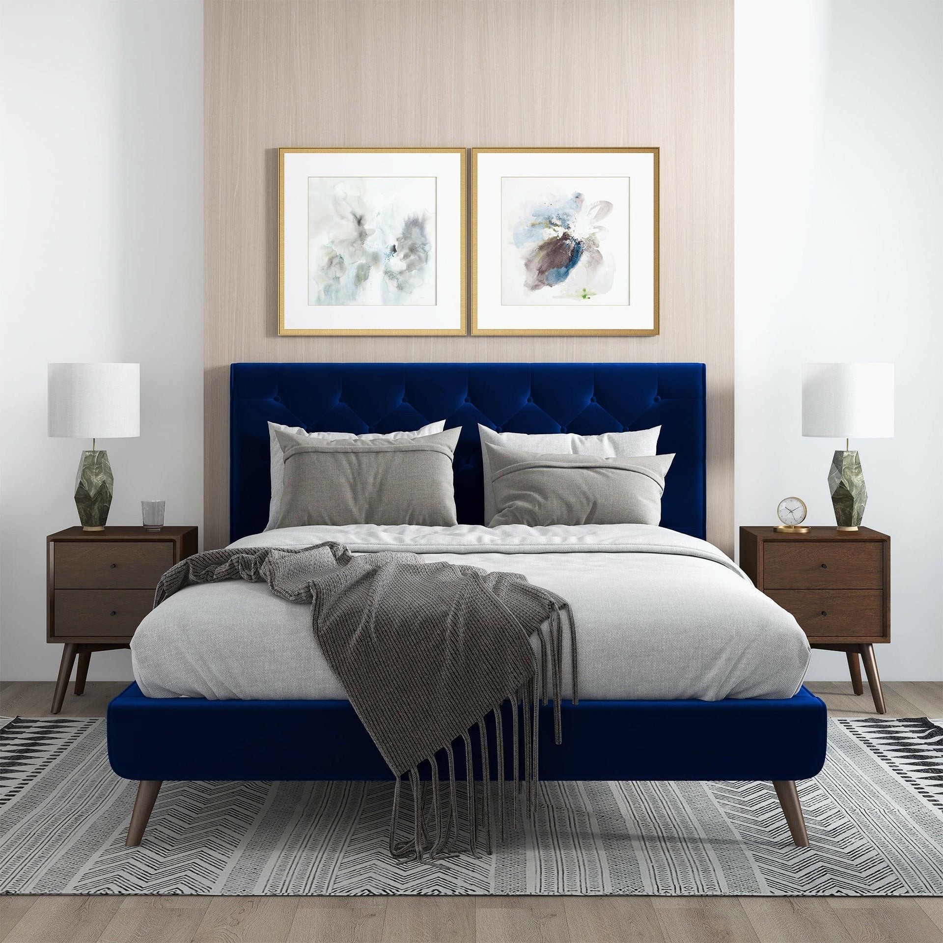 Dillon Blue Velvet Queen Platform Bed.