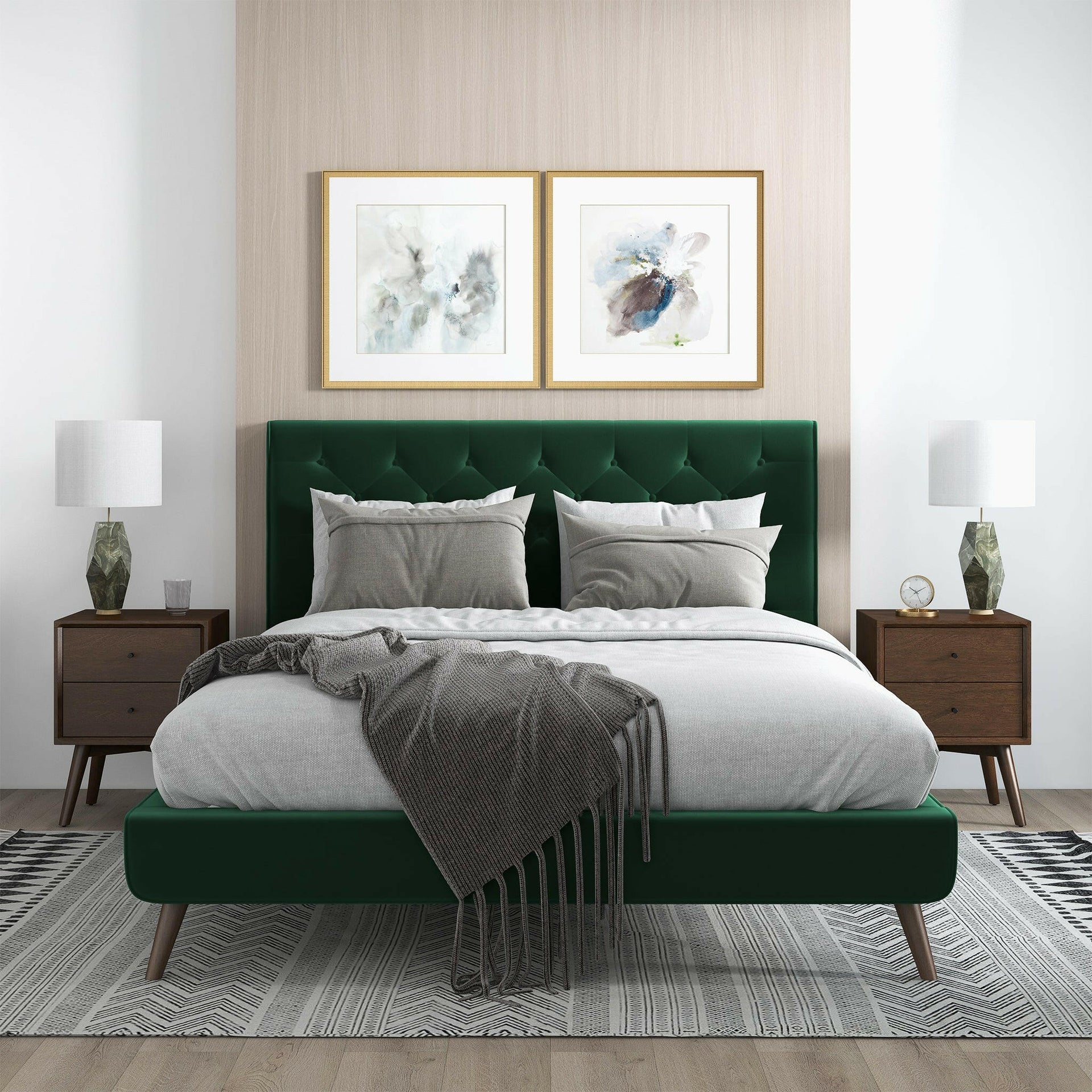 Dillon Dark Green Velvet Queen Platform Bed.