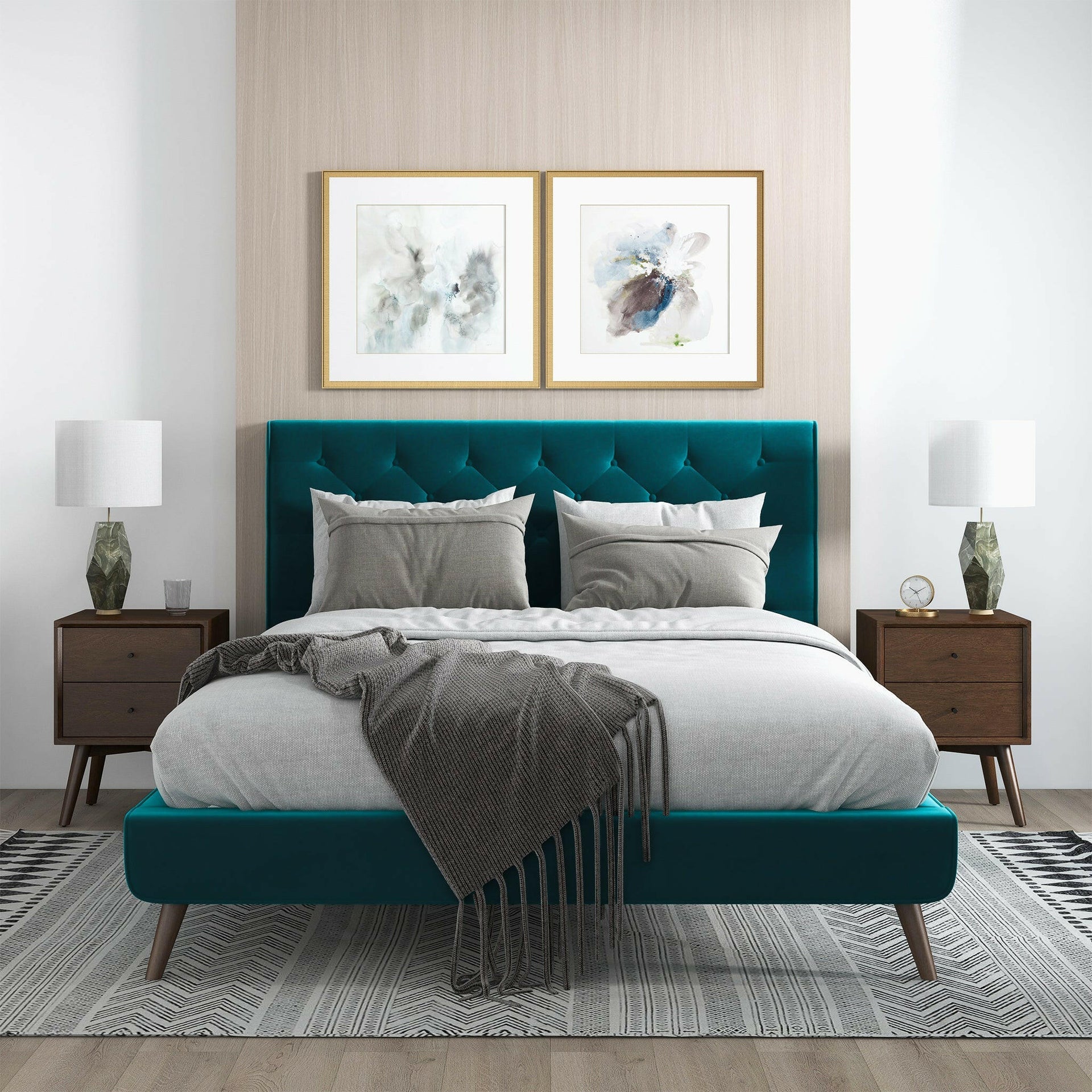 Dillon Teal Velvet Queen Platform Bed.