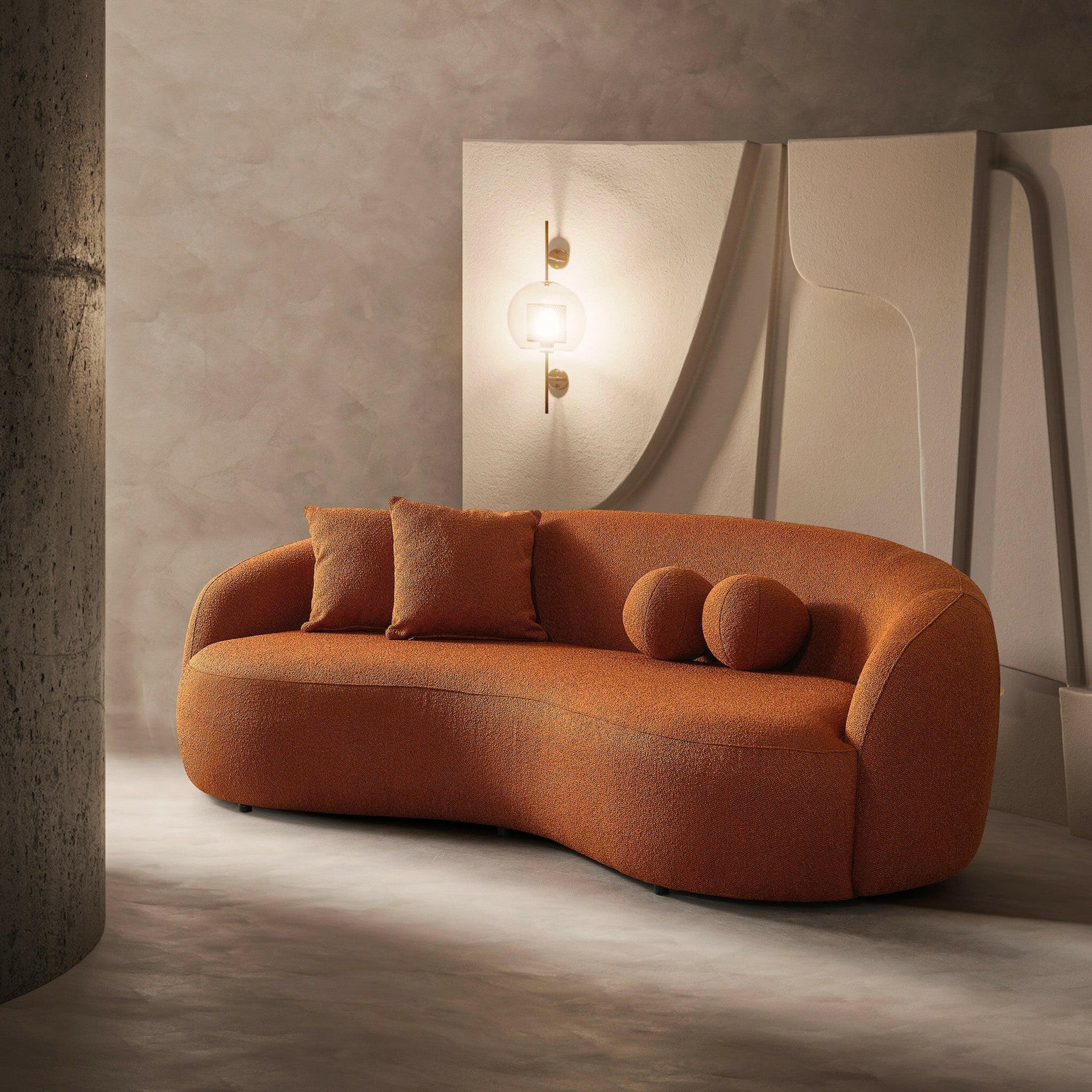 Drake Burnt Orange Japandi Style Curvy Boucle Sofa.