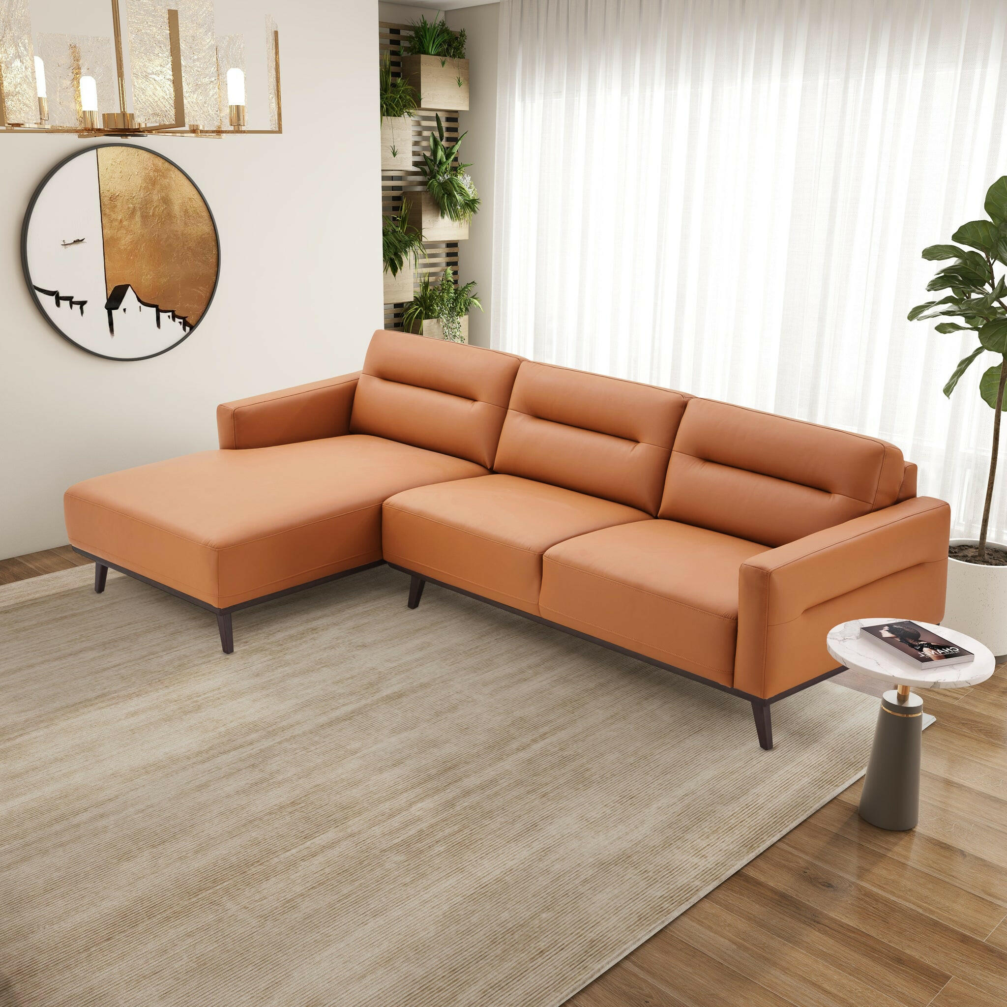 Ella L-Shaped Cognac PU Leather Left Sectional Couch.