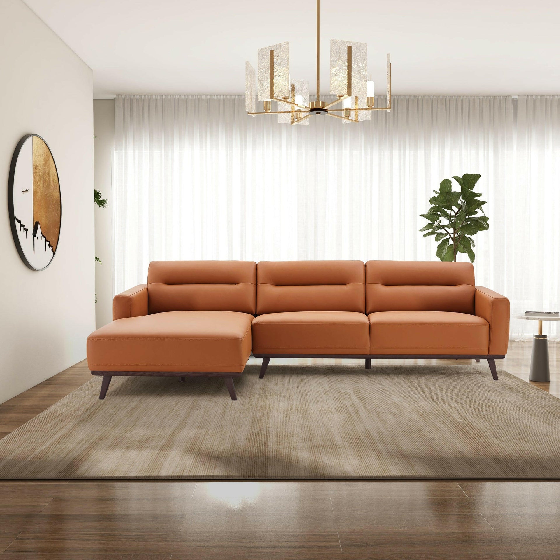 Ella L-Shaped Cognac PU Leather Left Sectional Couch.