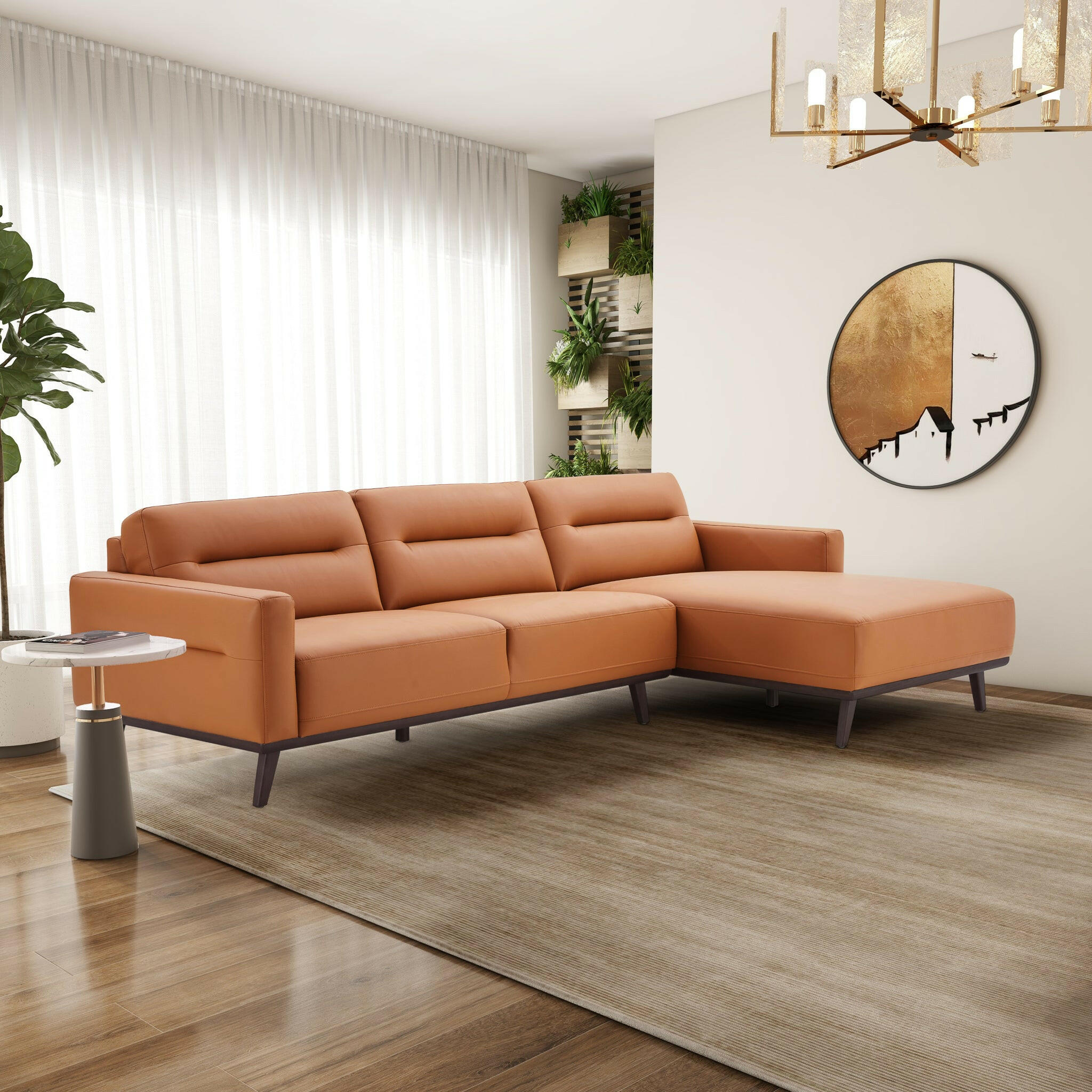 Ella L-Shaped Cognac PU Leather Right Sectional Couch.