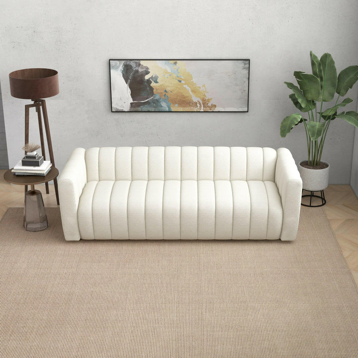 Elrosa Channel Tufted Beige Boucle Sofa.