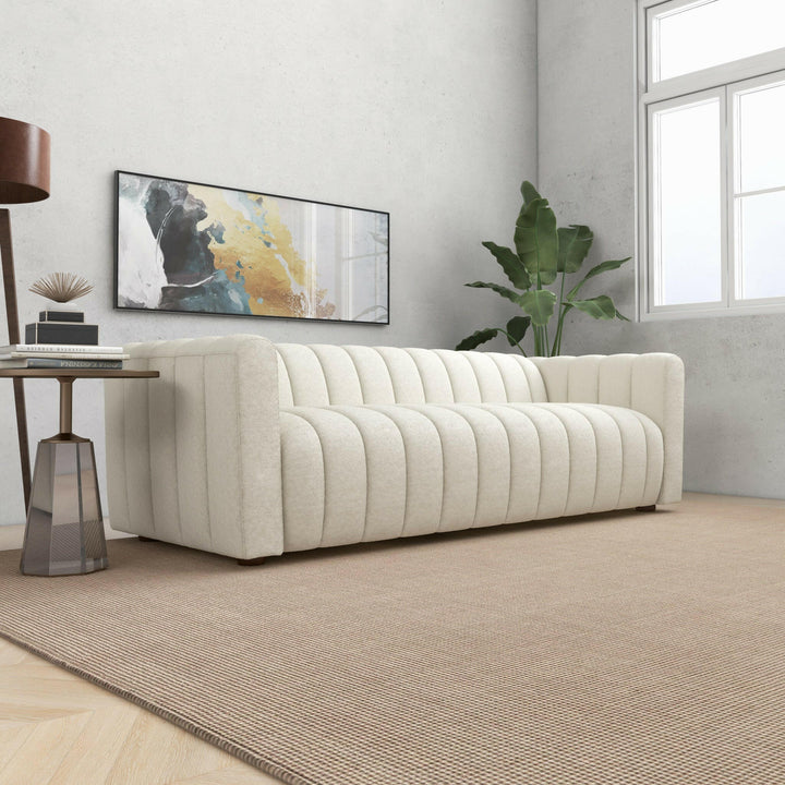 Elrosa Channel Tufted Beige Boucle Sofa.