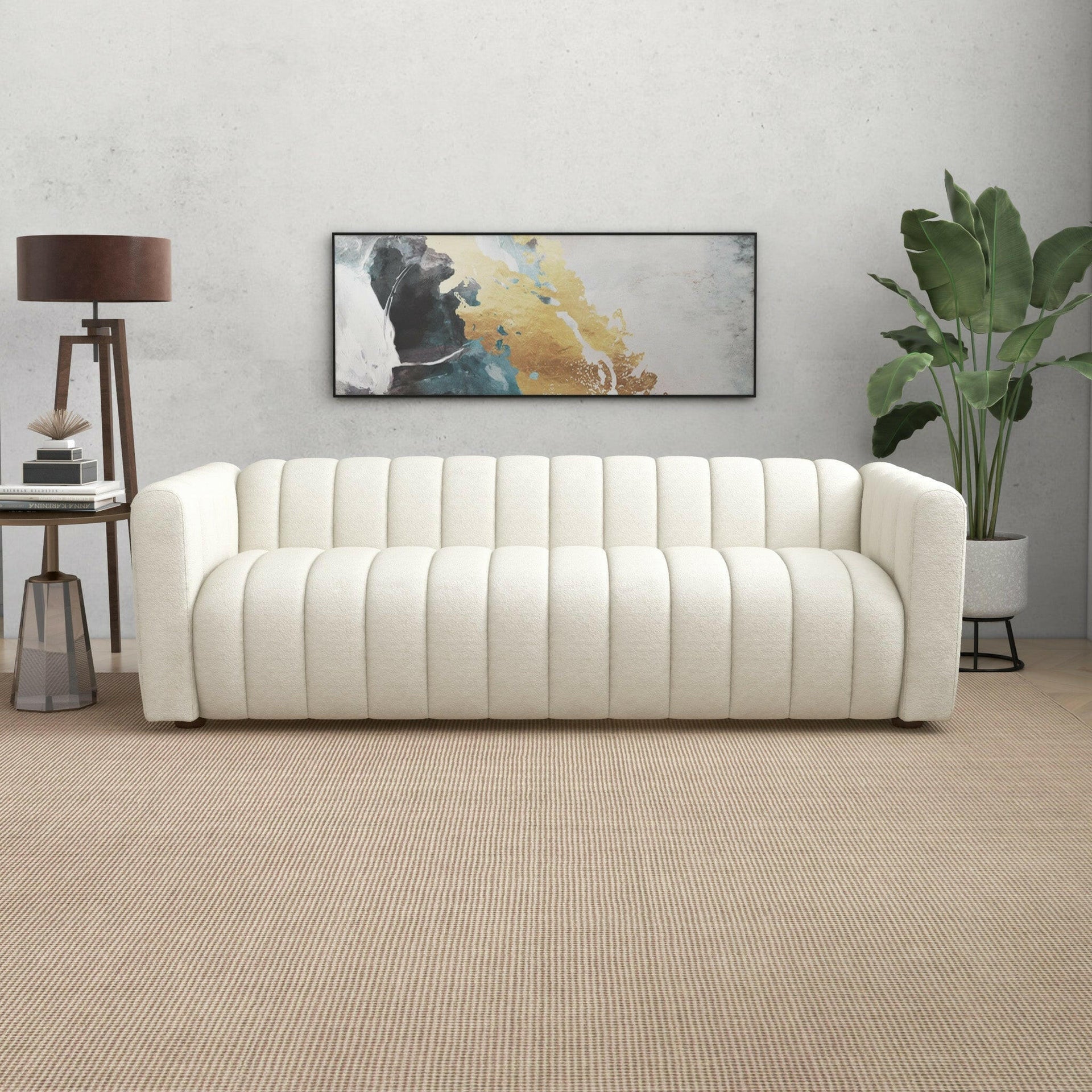 Elrosa Channel Tufted Beige Boucle Sofa.