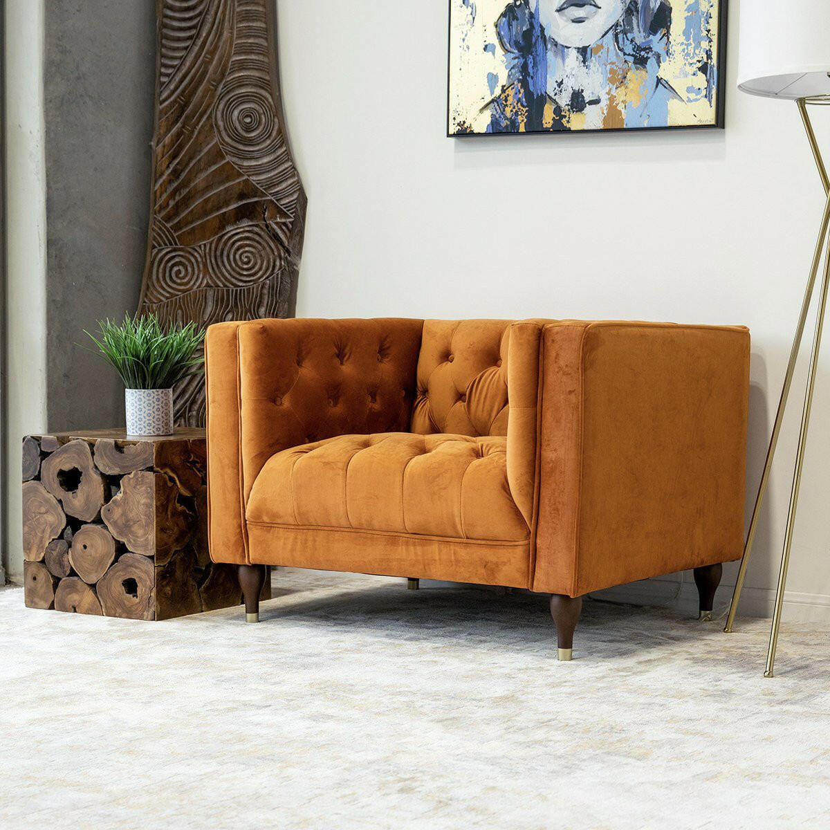 Evelyn Burnt Orange Velvet Lounge Chair.