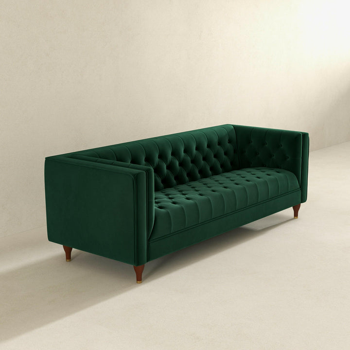 Evelyn Mid Century Modern Dark Green Velvet Luxury Chesterfield Sofa.