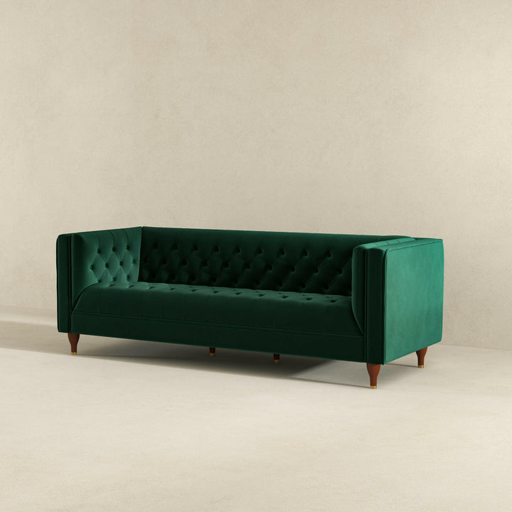 Evelyn Mid Century Modern Dark Green Velvet Luxury Chesterfield Sofa.