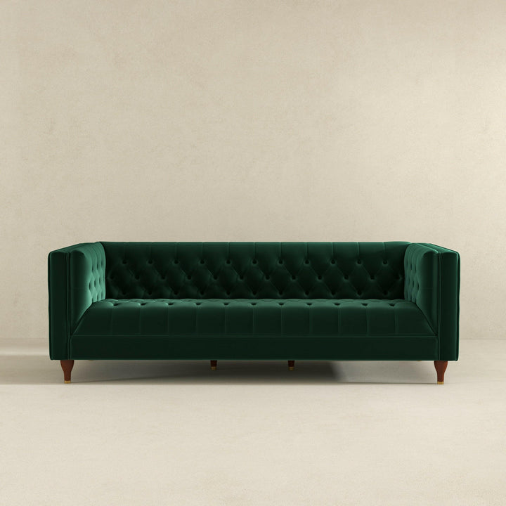 Evelyn Mid Century Modern Dark Green Velvet Luxury Chesterfield Sofa.