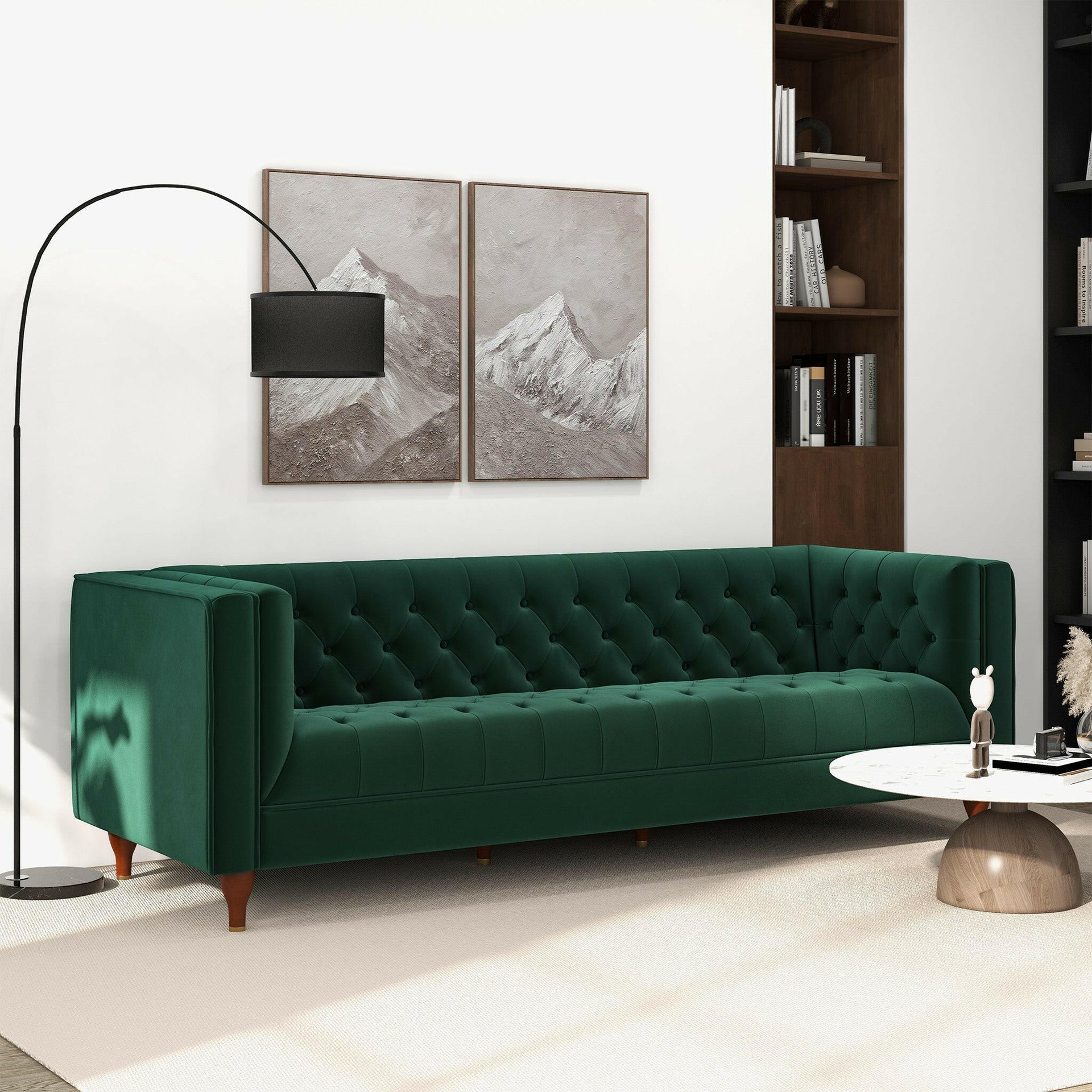 Evelyn Mid Century Modern Dark Green Velvet Luxury Chesterfield Sofa.