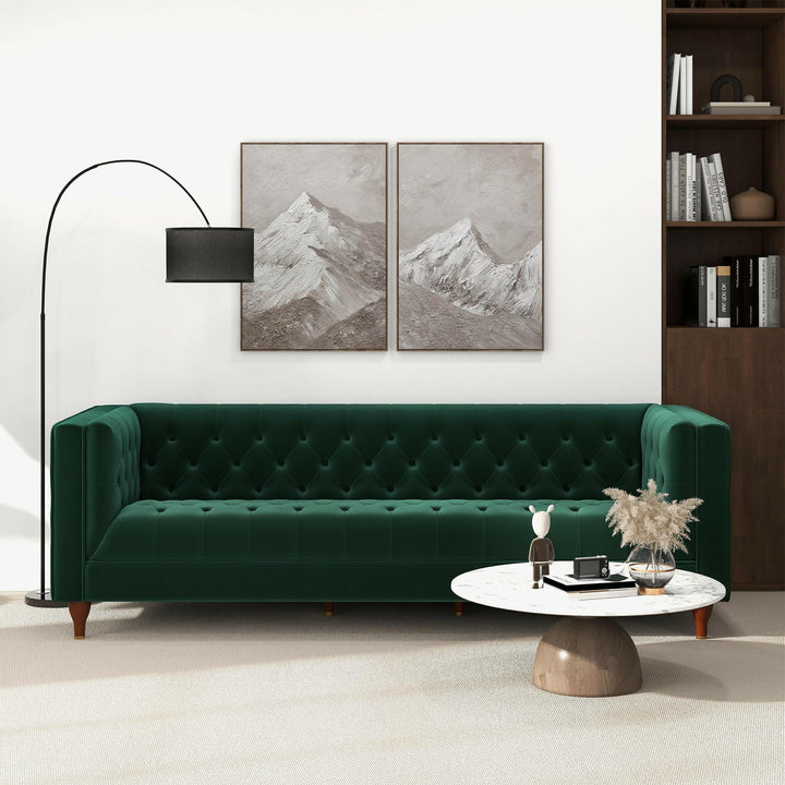 Evelyn Mid Century Modern Dark Green Velvet Luxury Chesterfield Sofa.