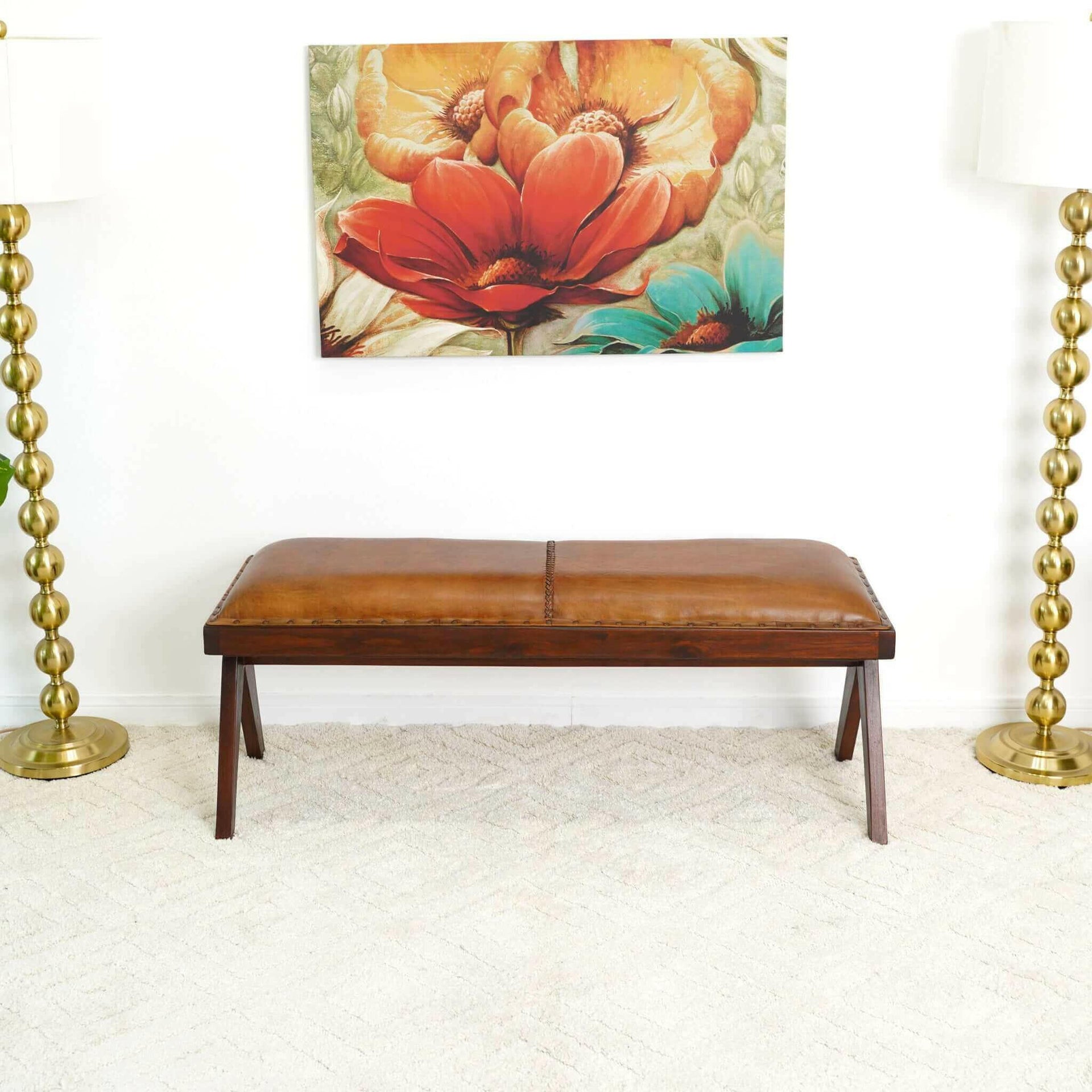 Chad Mid Century Modern Tan Leather Bench.