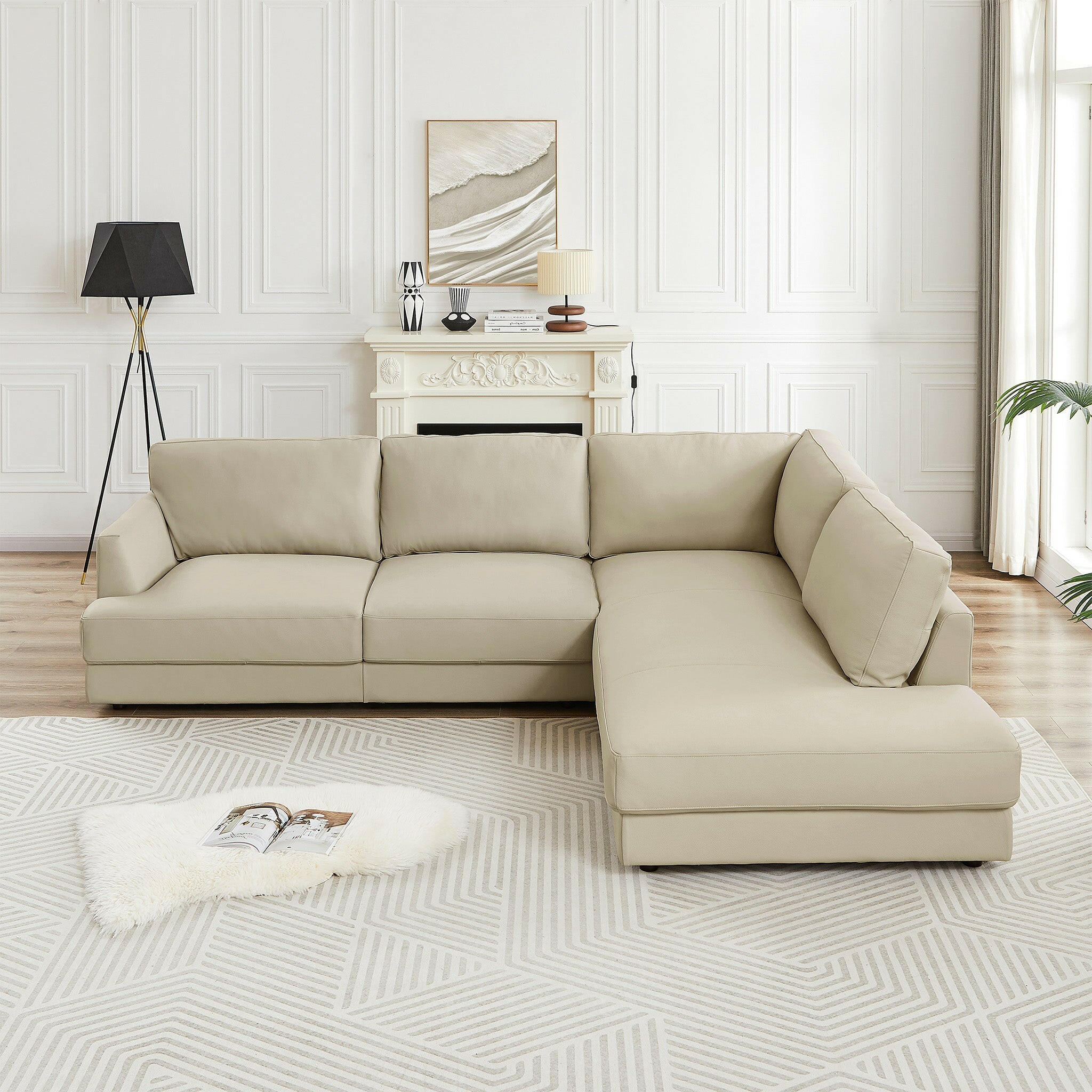 Glander Cream Leather Sectional Sofa (Right Facing).