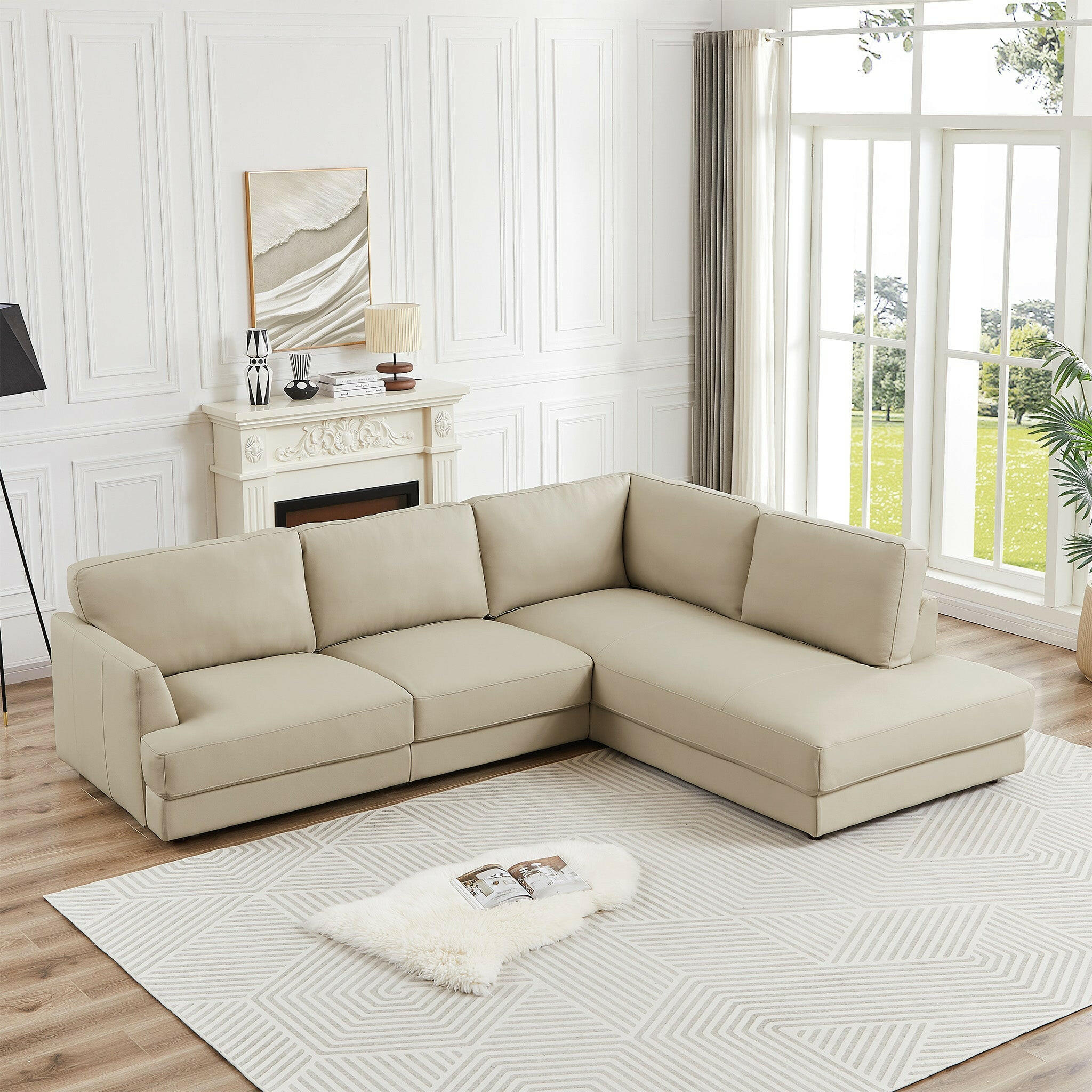 Glander Cream Leather Sectional Sofa (Right Facing).