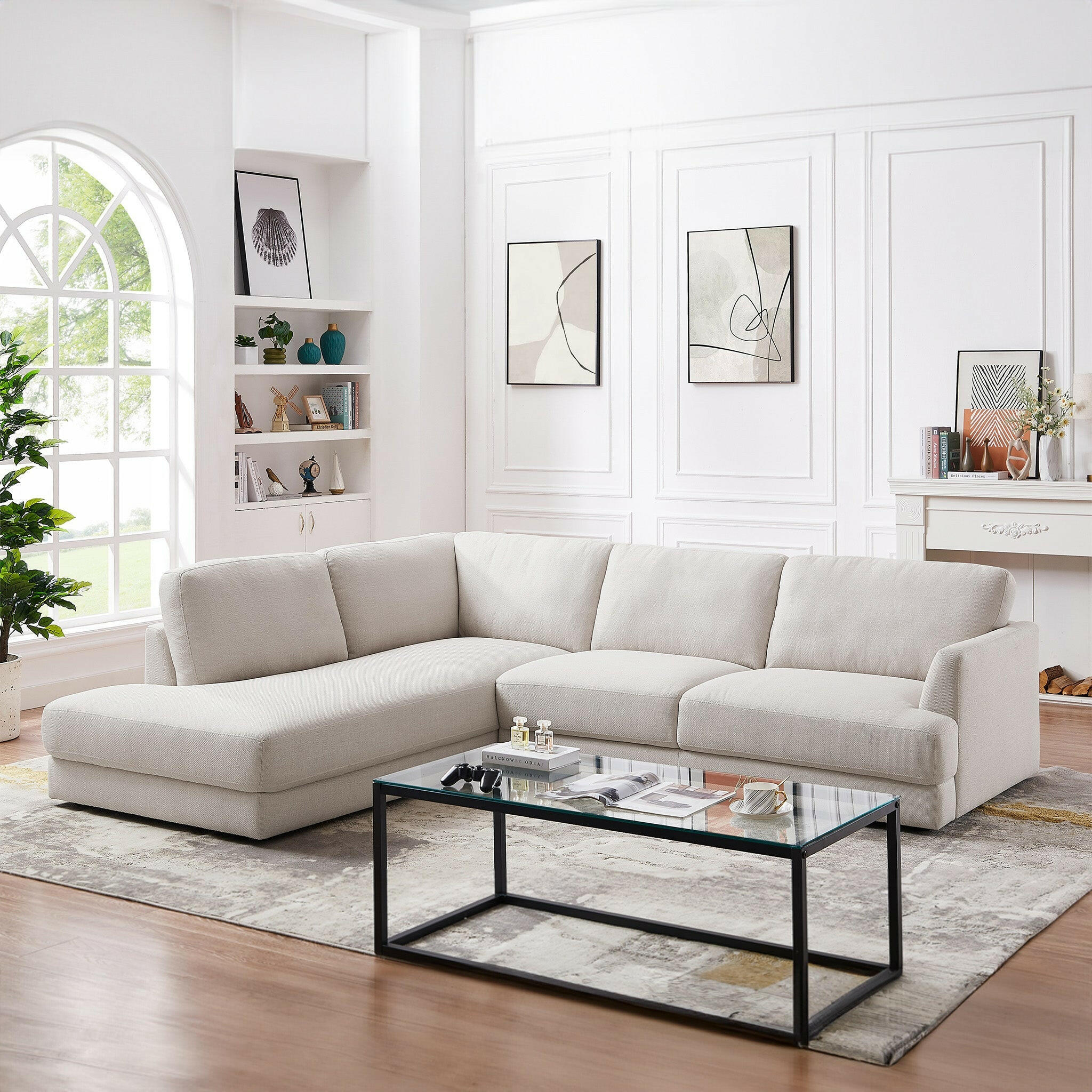 Glander Cream Linen Sectional Sofa (Left Facing).