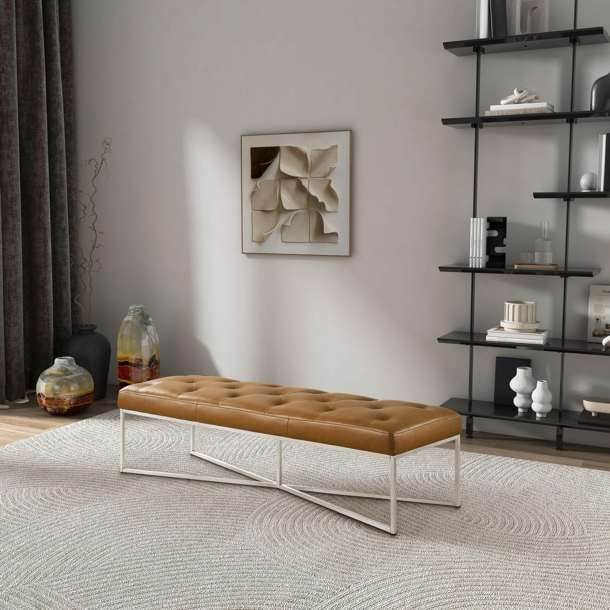 Harper Tan Leather Bench.