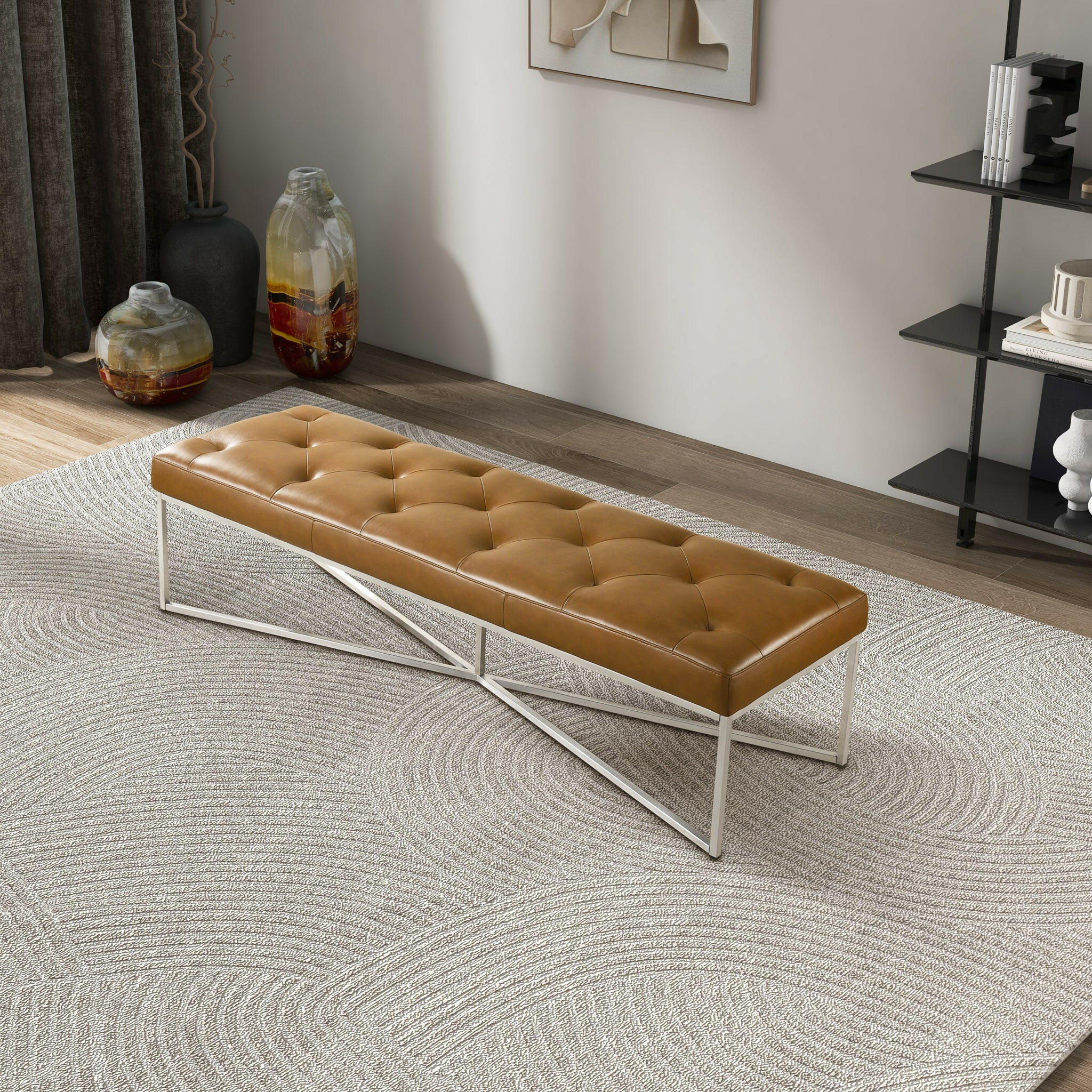 Harper Tan Leather Bench.