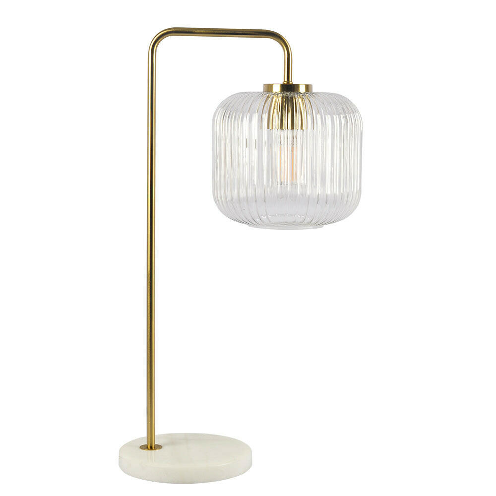 Haven Clear Glass Table Lamp, Gold Brush Metal and Marble Base, Button Control.