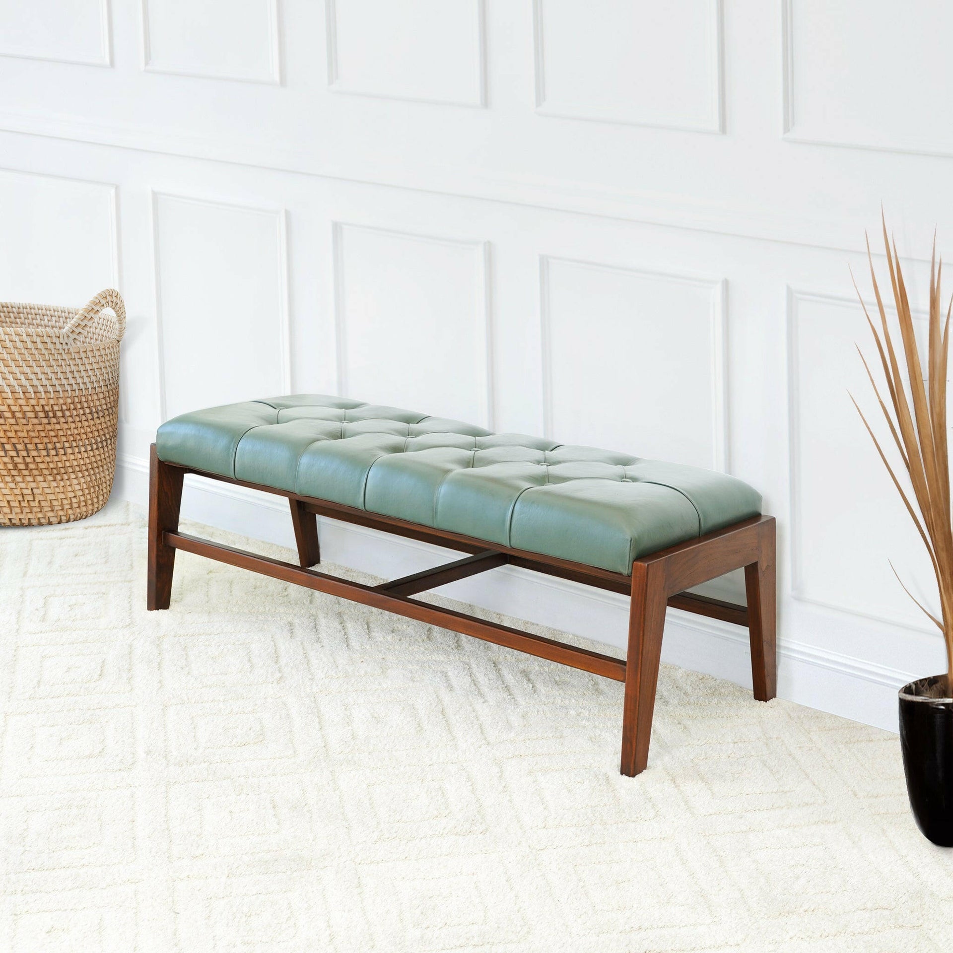 Hera Bench With Buttons (Green Leather).