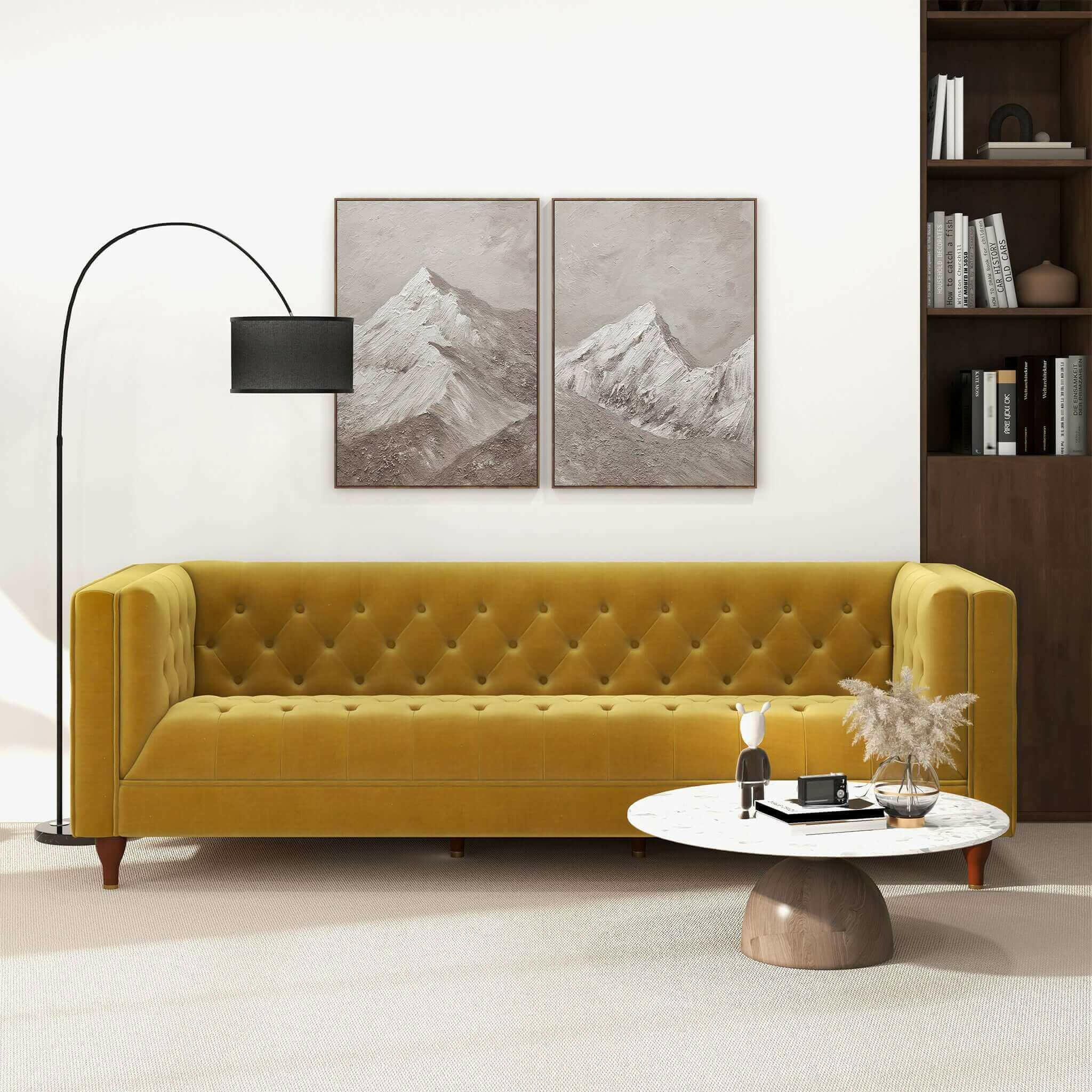 Evelyn Mid Century Modern Yellow Velvet Luxury Chesterfield Sofa.