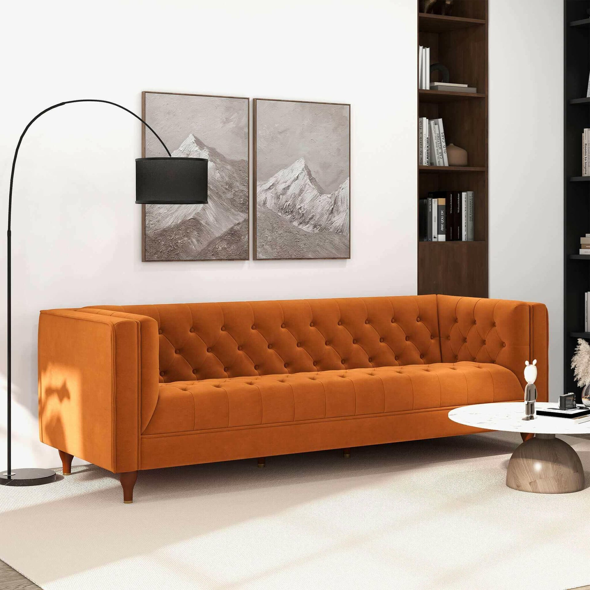 Evelyn Mid Century Modern Burnt Orange Velvet Luxury Chesterfield Sofa.