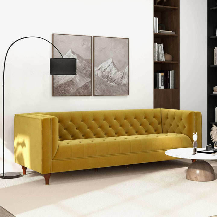 Evelyn Mid Century Modern Yellow Velvet Luxury Chesterfield Sofa.