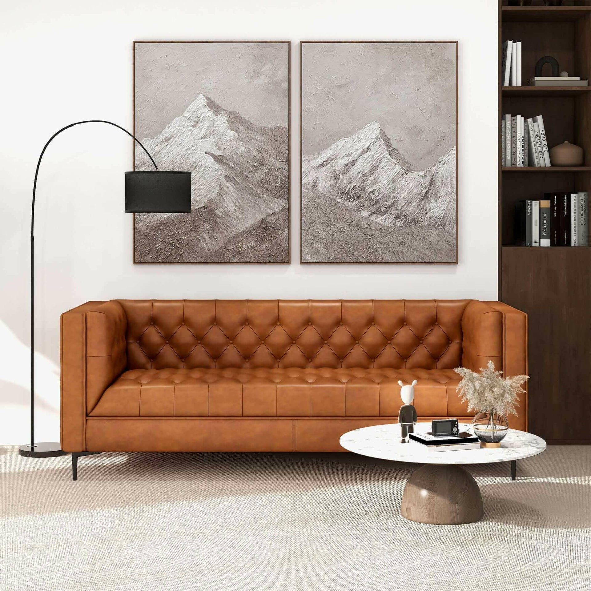 Evelyn Mid Century Modern Cognac Leather Luxury Chesterfield Sofa.