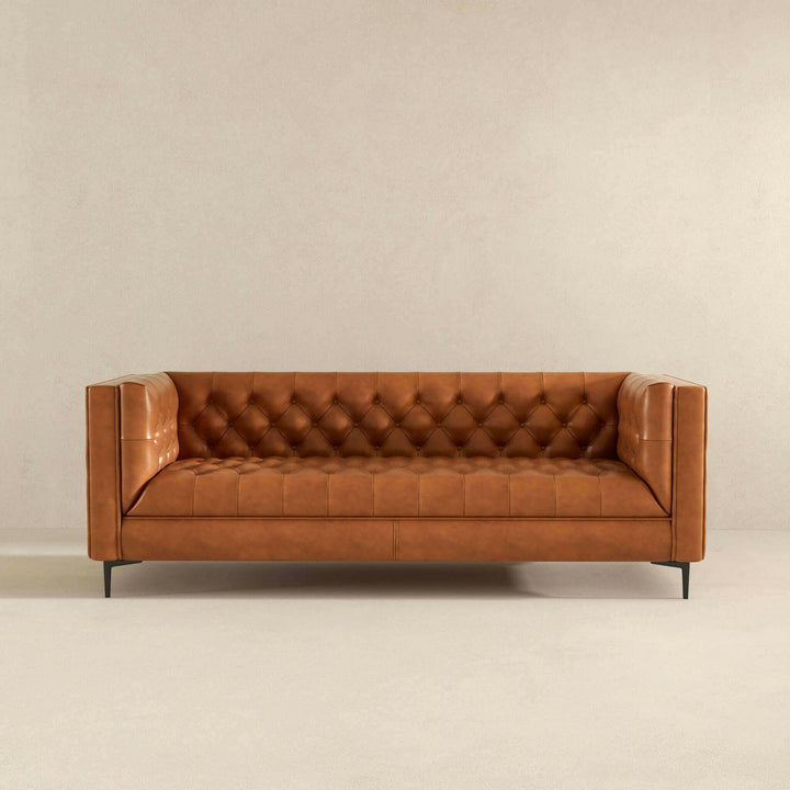 Evelyn Mid Century Modern Cognac Leather Luxury Chesterfield Sofa.