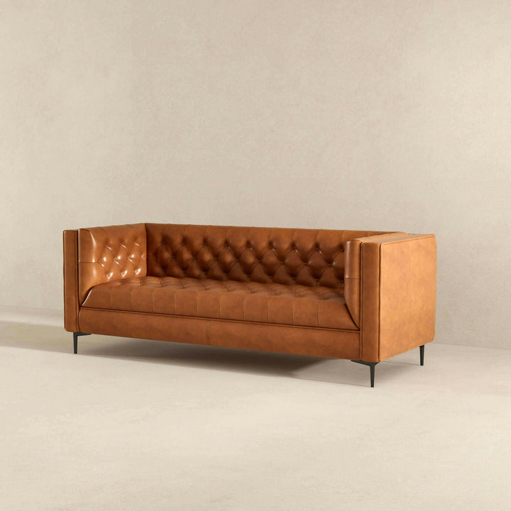 Evelyn Mid Century Modern Cognac Leather Luxury Chesterfield Sofa.