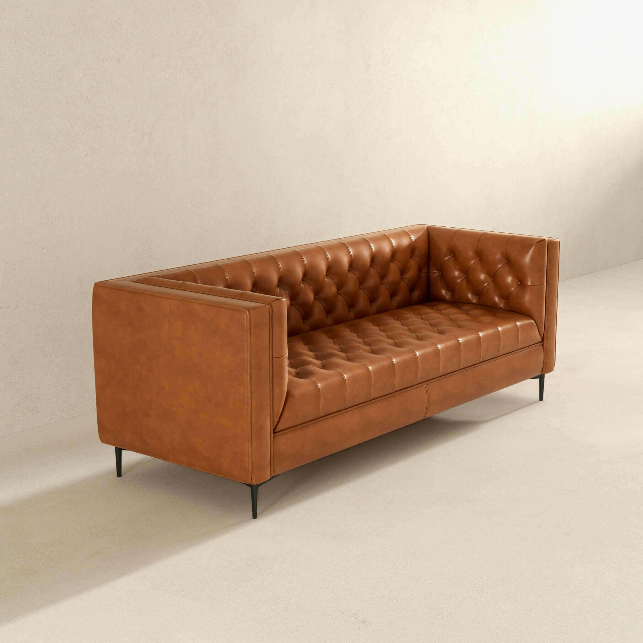 Evelyn Mid Century Modern Cognac Leather Luxury Chesterfield Sofa.