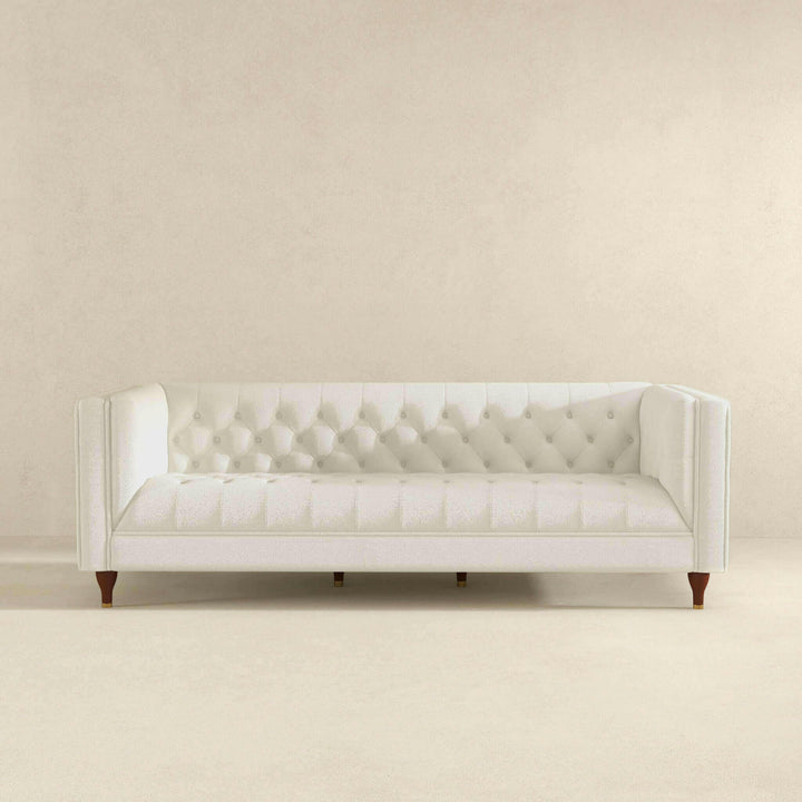 Evelyn Mid Century Modern Beige Boucle Luxury Chesterfield Sofa.