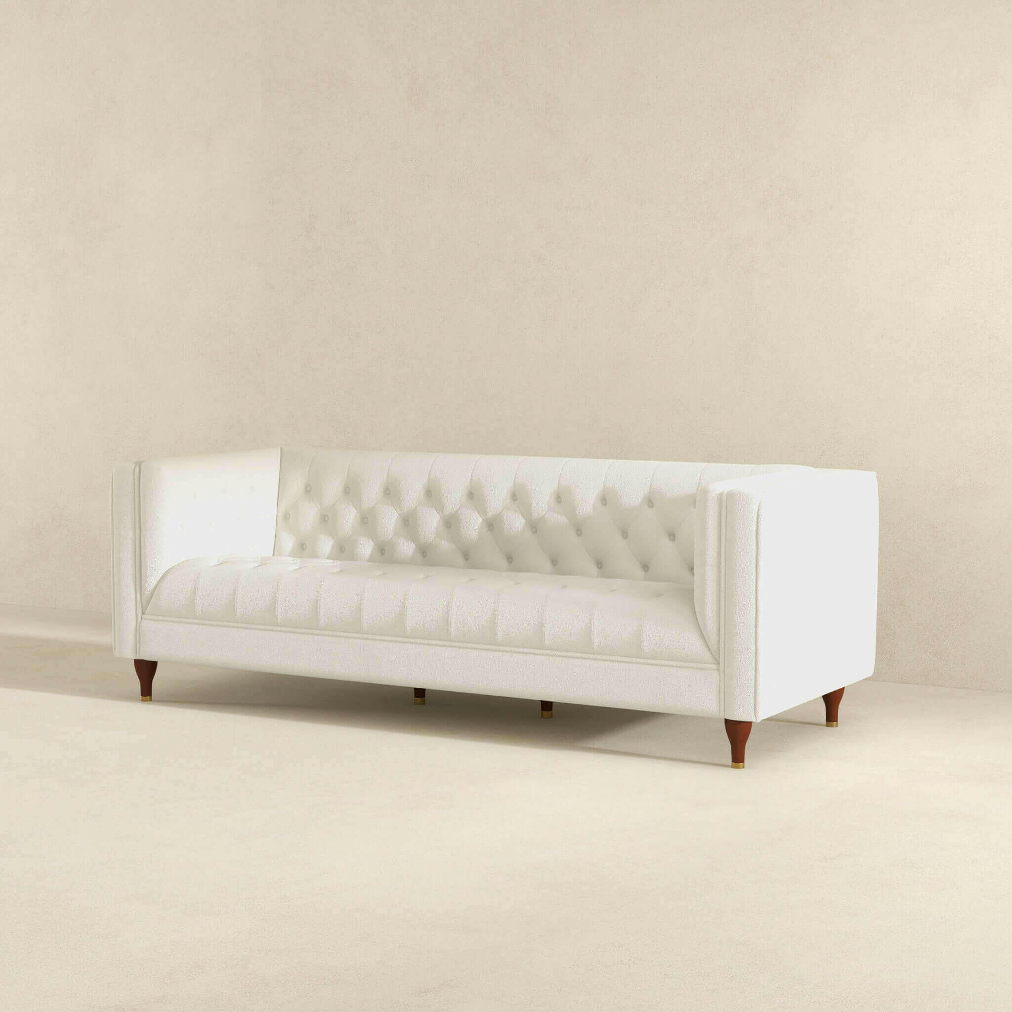 Evelyn Mid Century Modern Beige Boucle Luxury Chesterfield Sofa.