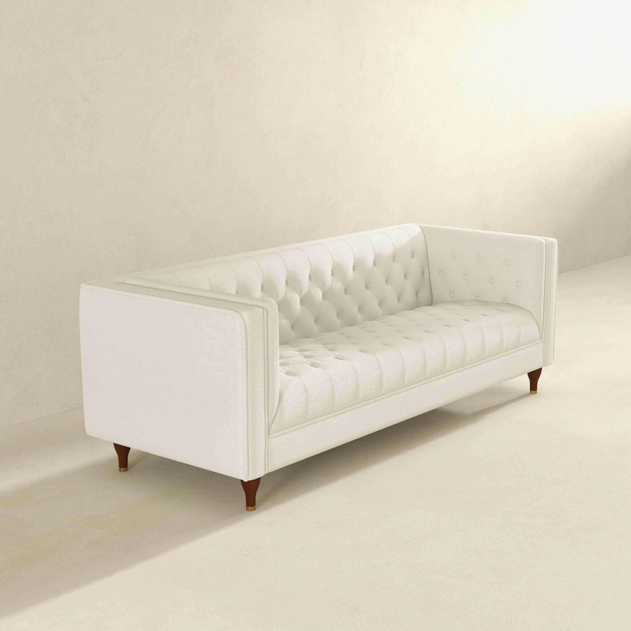 Evelyn Mid Century Modern Beige Boucle Luxury Chesterfield Sofa.