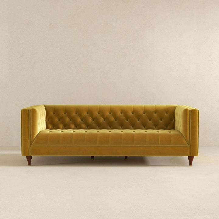 Evelyn Mid Century Modern Yellow Velvet Luxury Chesterfield Sofa.