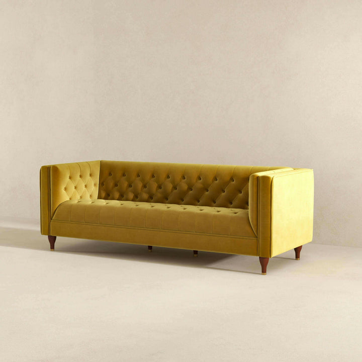 Evelyn Mid Century Modern Yellow Velvet Luxury Chesterfield Sofa.