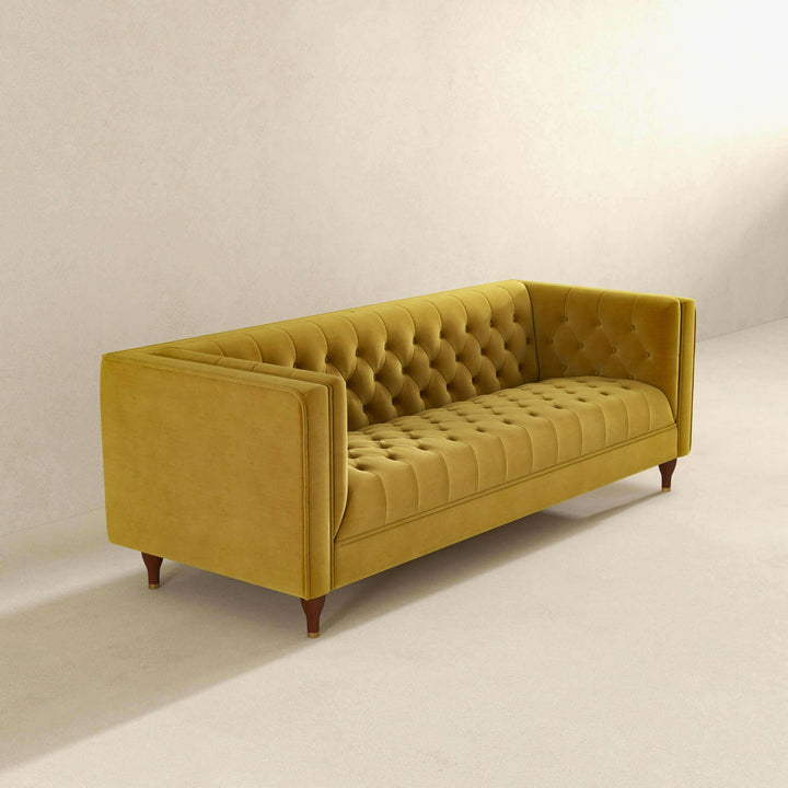 Evelyn Mid Century Modern Yellow Velvet Luxury Chesterfield Sofa.