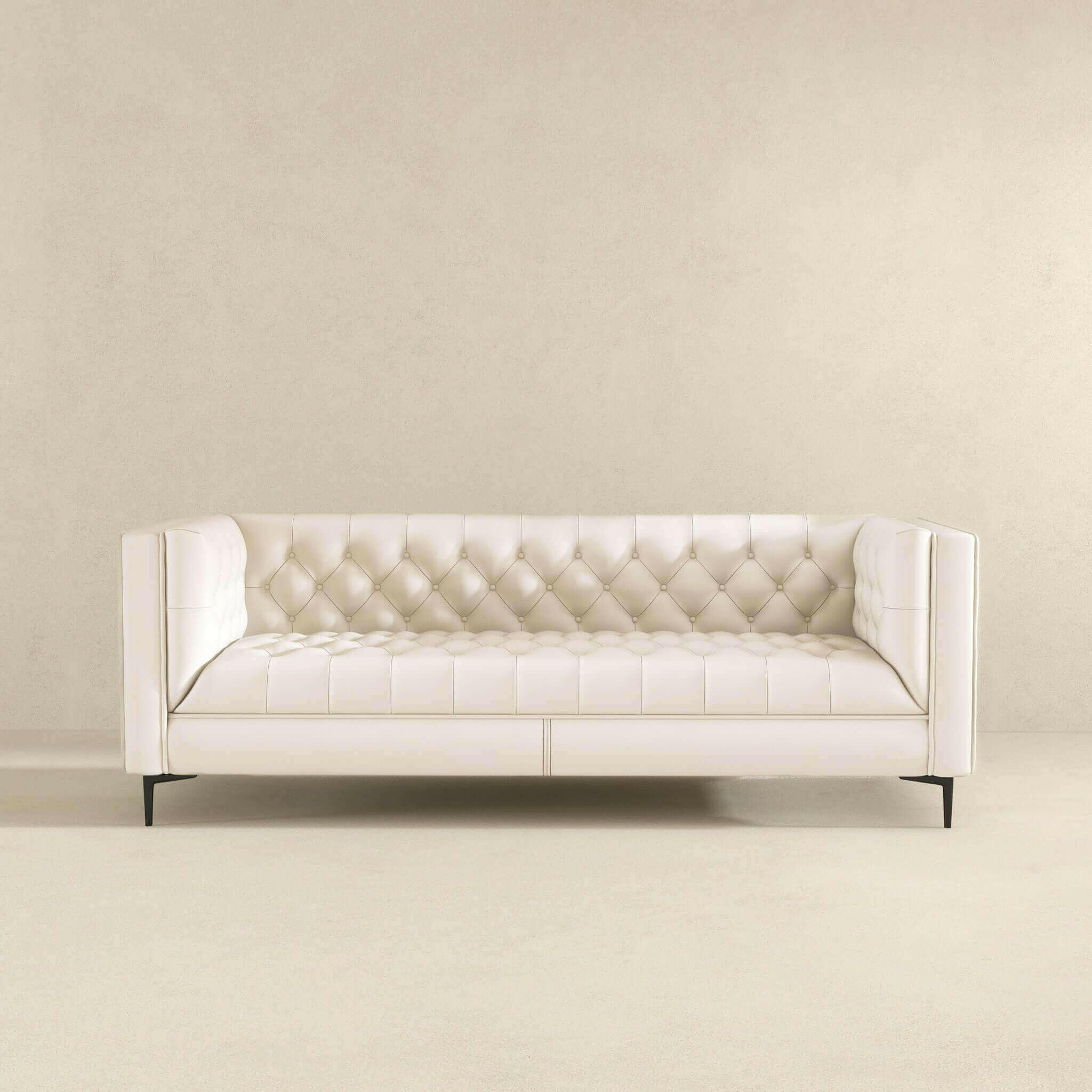 Evelyn Mid Century Modern Cream Leather Luxury Chesterfield Sofa.