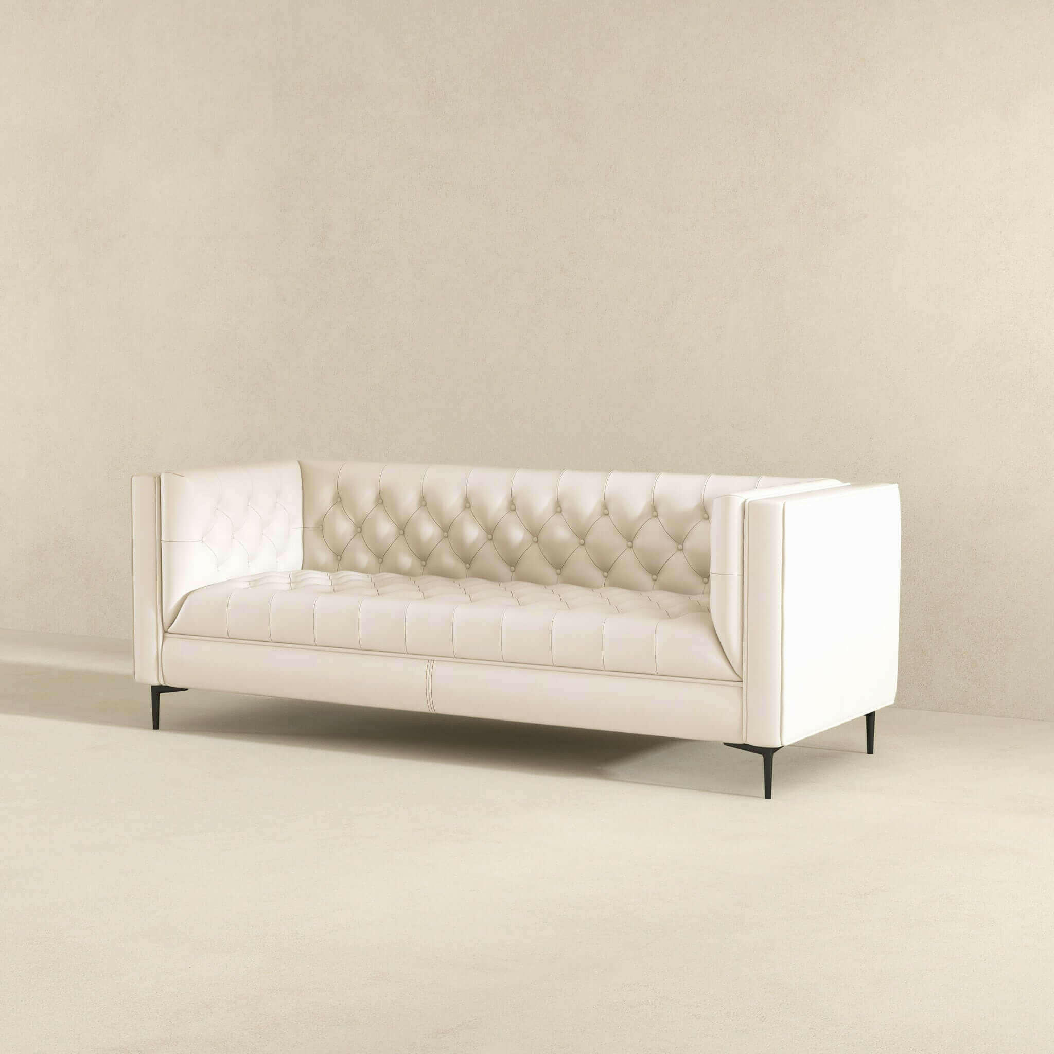 Evelyn Mid Century Modern Cream Leather Luxury Chesterfield Sofa.