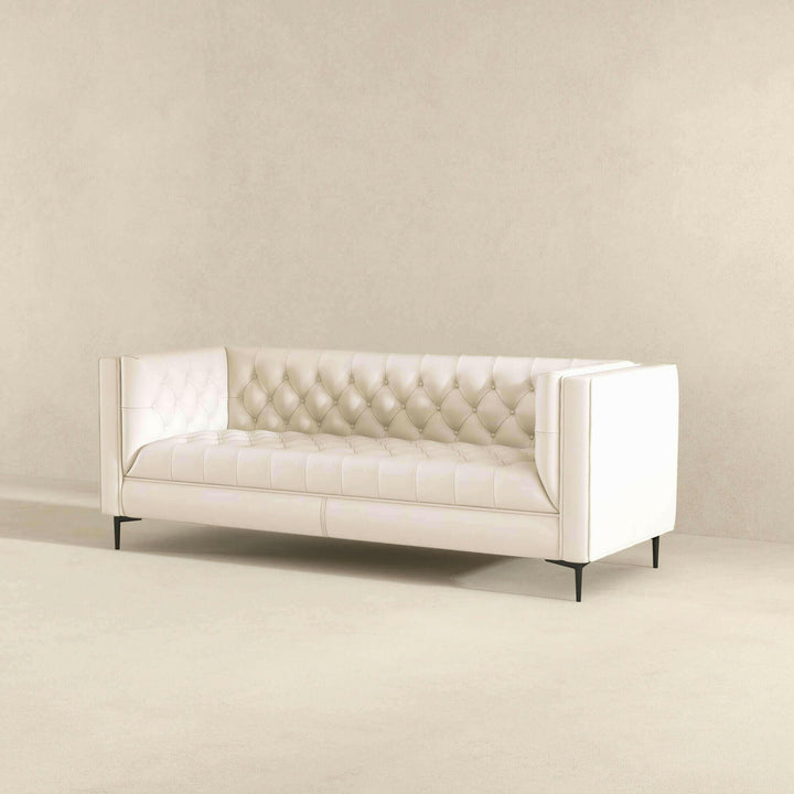 Evelyn Mid Century Modern Cream Leather Luxury Chesterfield Sofa.