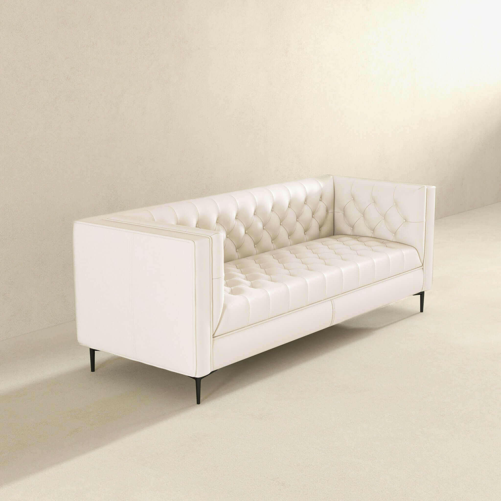 Evelyn Mid Century Modern Cream Leather Luxury Chesterfield Sofa.