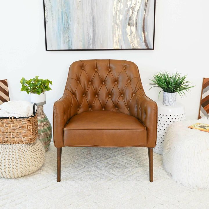 Joshua Tufted Tan Leather Lounge Chair.