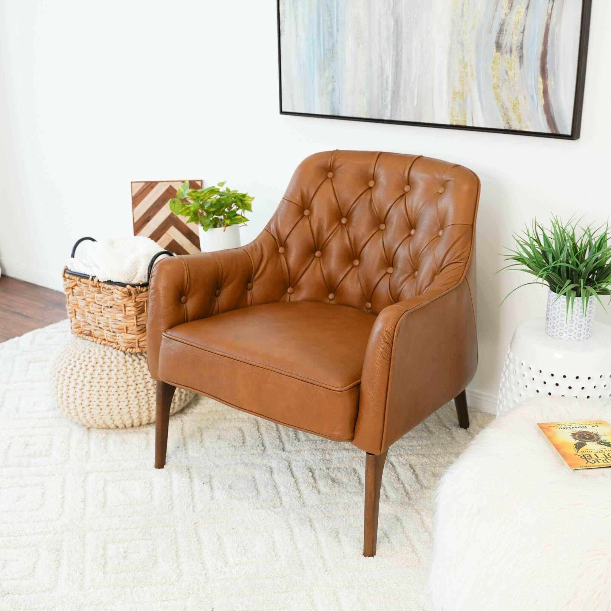 Joshua Tufted Tan Leather Lounge Chair.