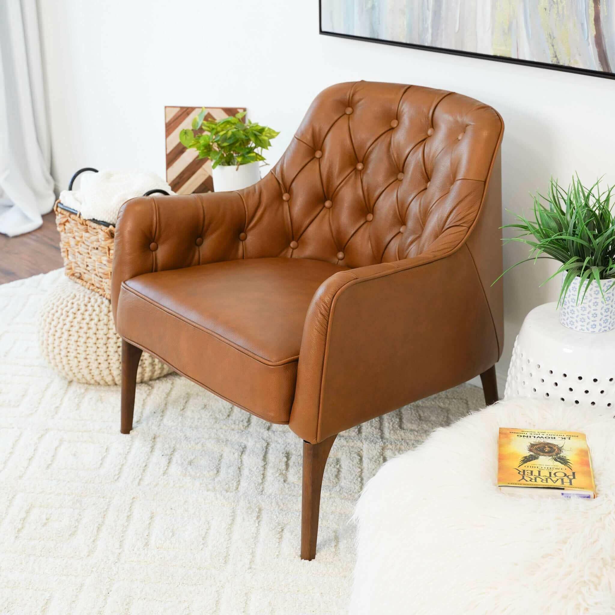 Joshua Tufted Tan Leather Lounge Chair.